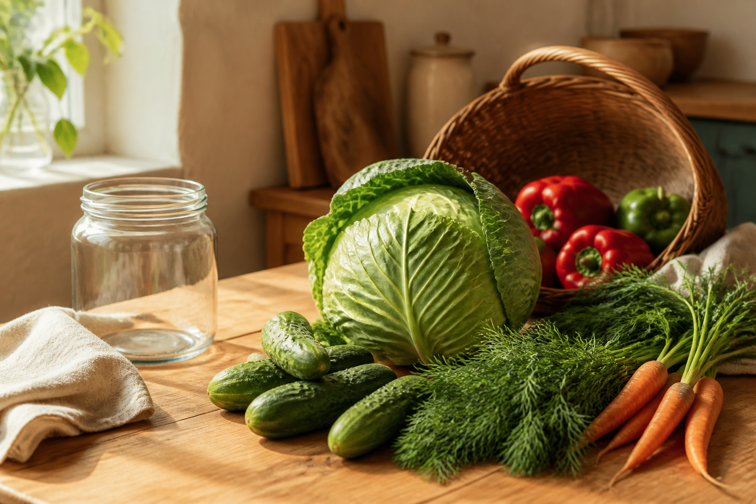 Fresh cabbage, pickling cucumbers, dill, carrots, and peppers beside an empty glass jar on a warm kitchen counter.