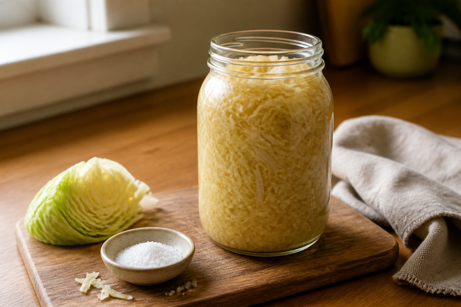 A jar of finished sauerkraut beside cabbage and pickling salt on a warm kitchen counter.