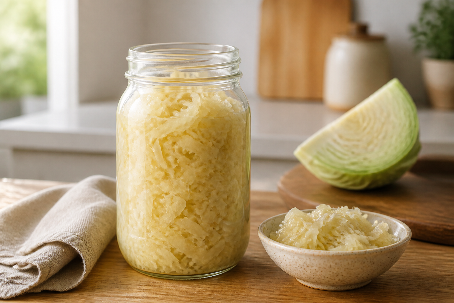 A clear jar filled with finished sauerkraut beside cabbage and a small serving bowl on a warm kitchen counter.