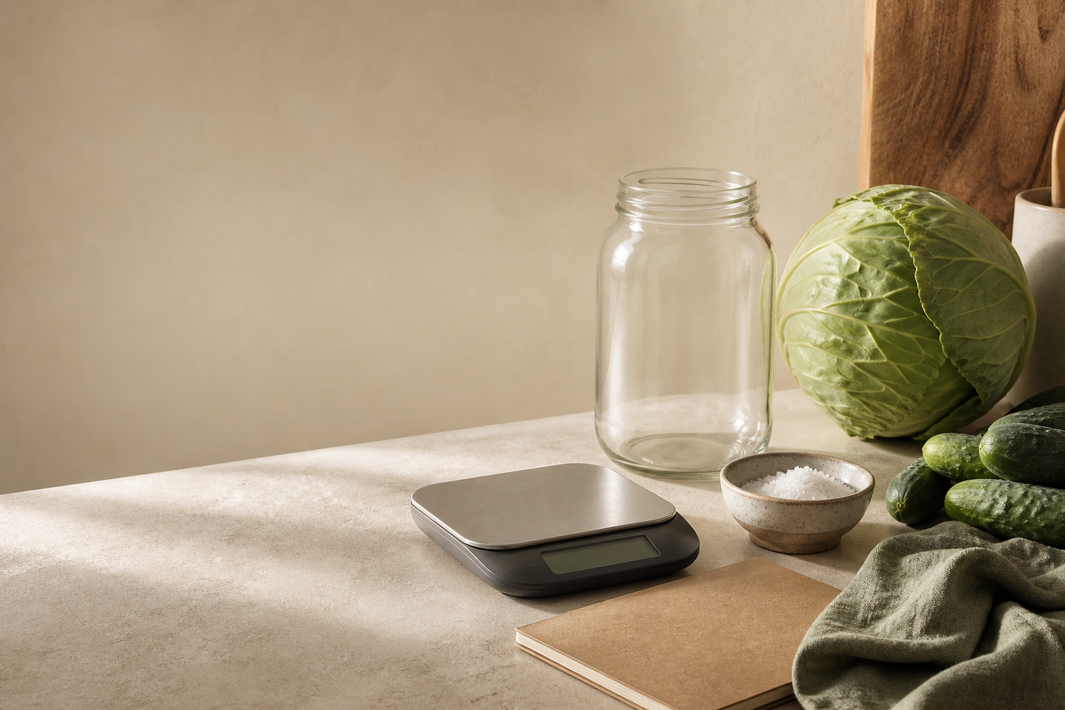 A Mason jar, kitchen scale, salt, and fresh vegetables arranged for home fermentation.