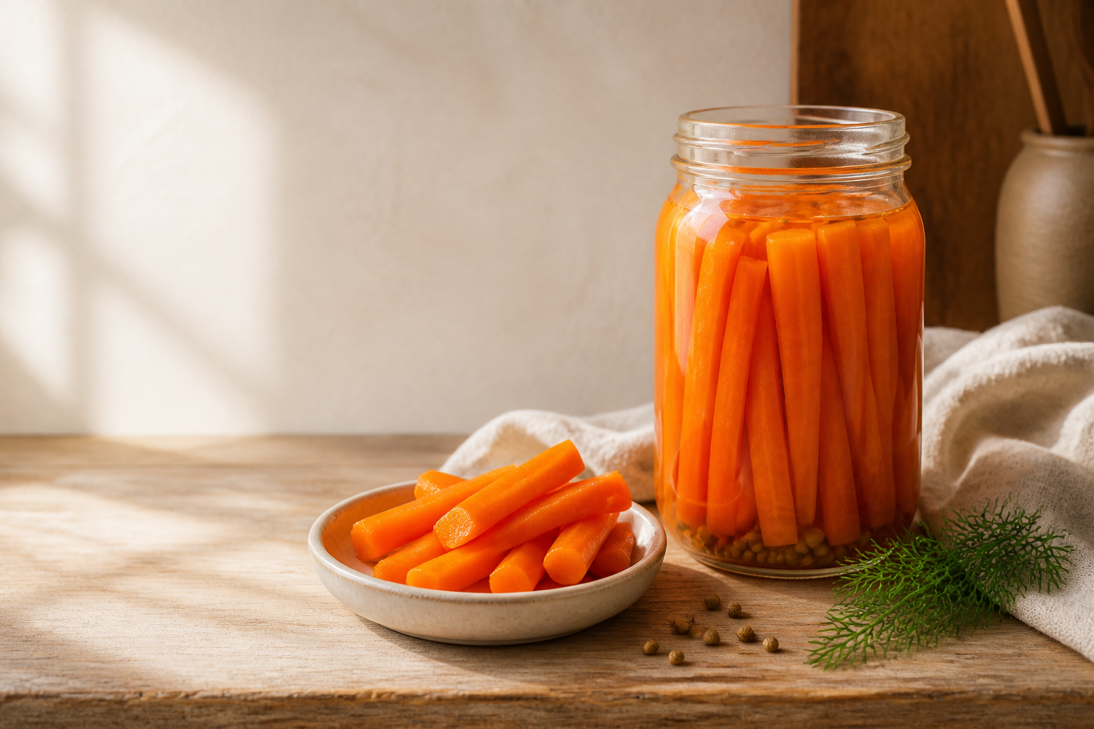 Fermented carrot sticks in a clear jar and ceramic dish on a warm kitchen counter.
