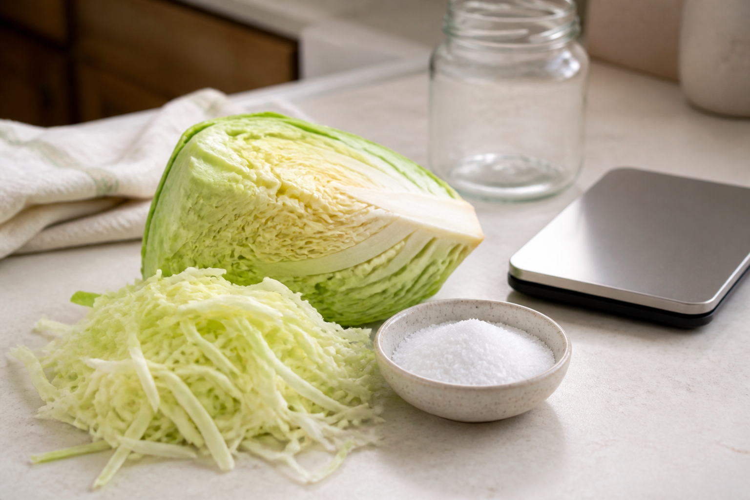 Fresh cabbage, pickling salt, a kitchen scale, and an empty glass jar arranged on a warm kitchen counter.