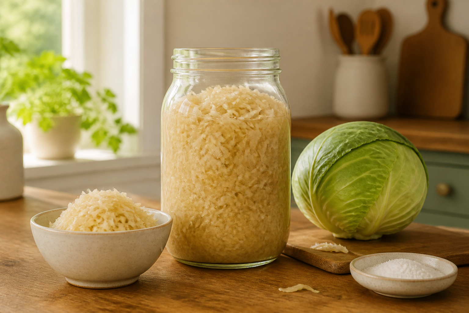 A quart jar of finished sauerkraut beside cabbage and pickling salt on a warm kitchen counter.