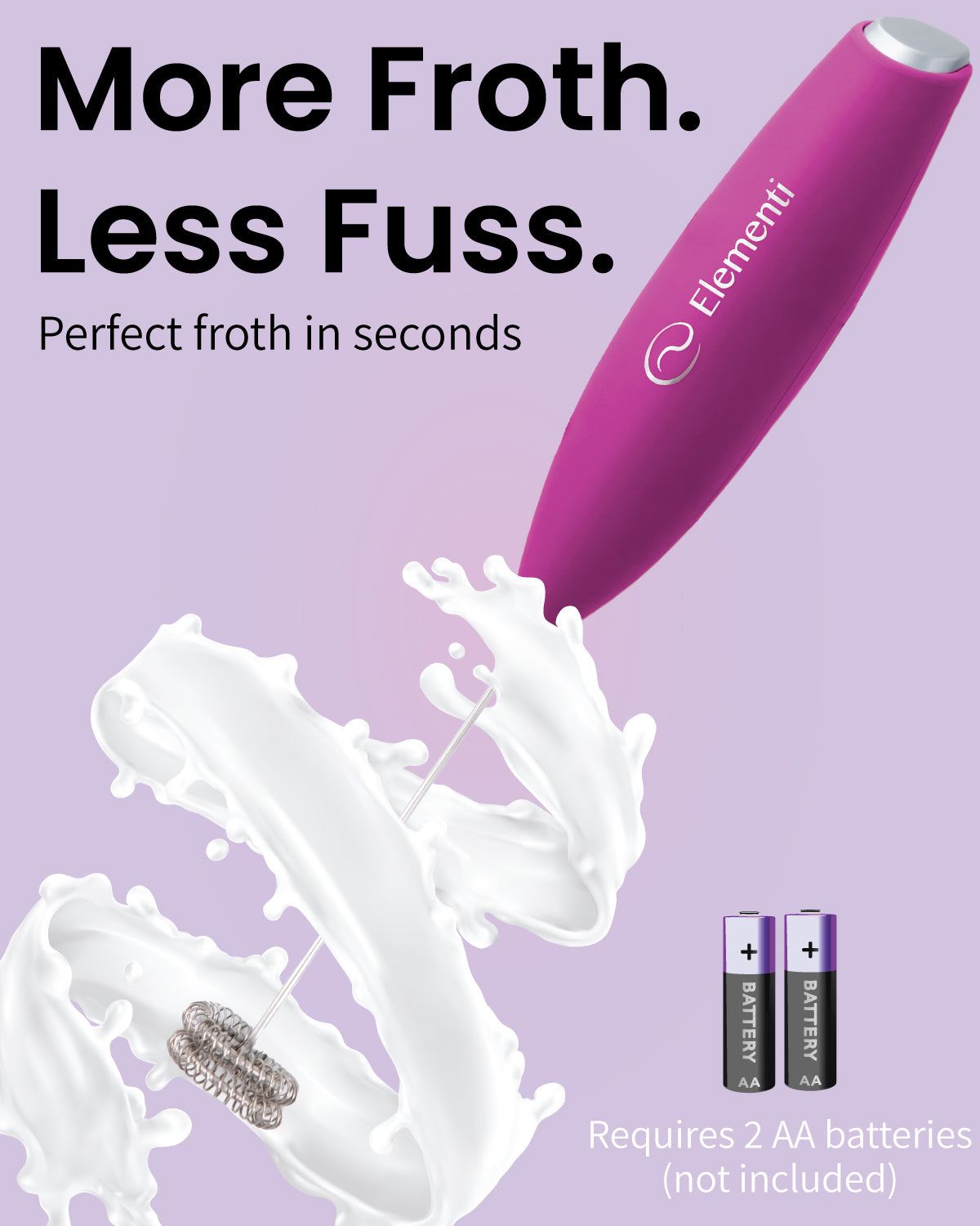 Elementi Handheld Milk Frother Double Whisk (Hot Pink)