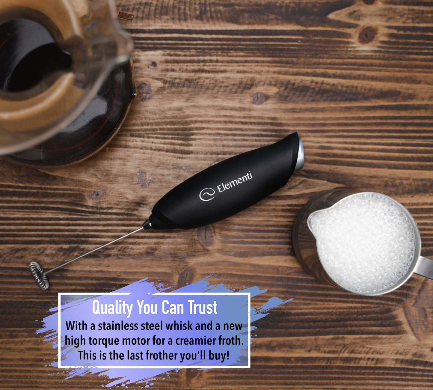 Elementi Electric Milk Frother Handheld (Ultra Silver)