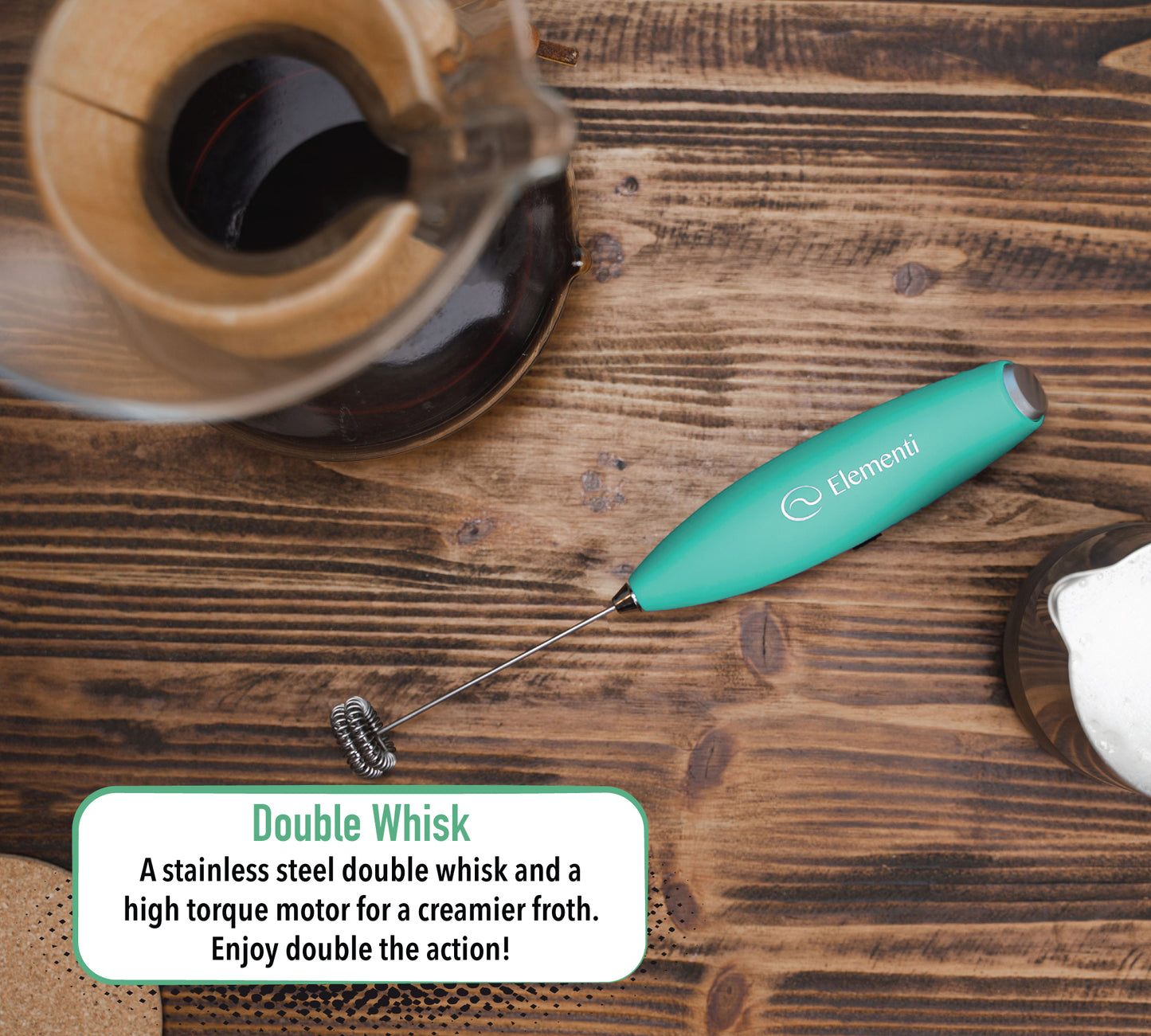 Elementi Milk Frother Wand with Double Whisk (Batteries Included) Mint Green