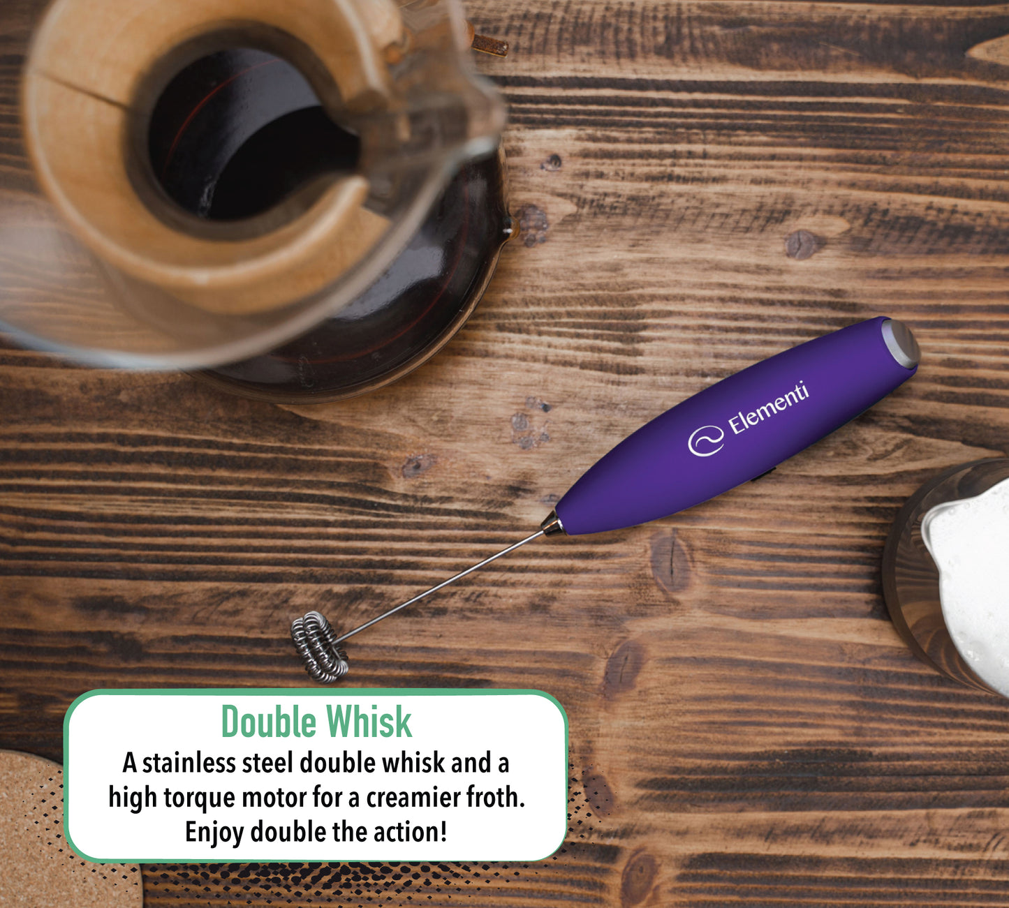 Elementi Milk Frother Handheld Double Whisk (Purple)