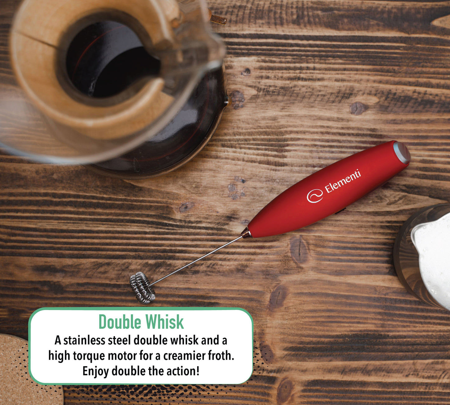 Elementi Milk Frother Handheld Double Whisk (Red)