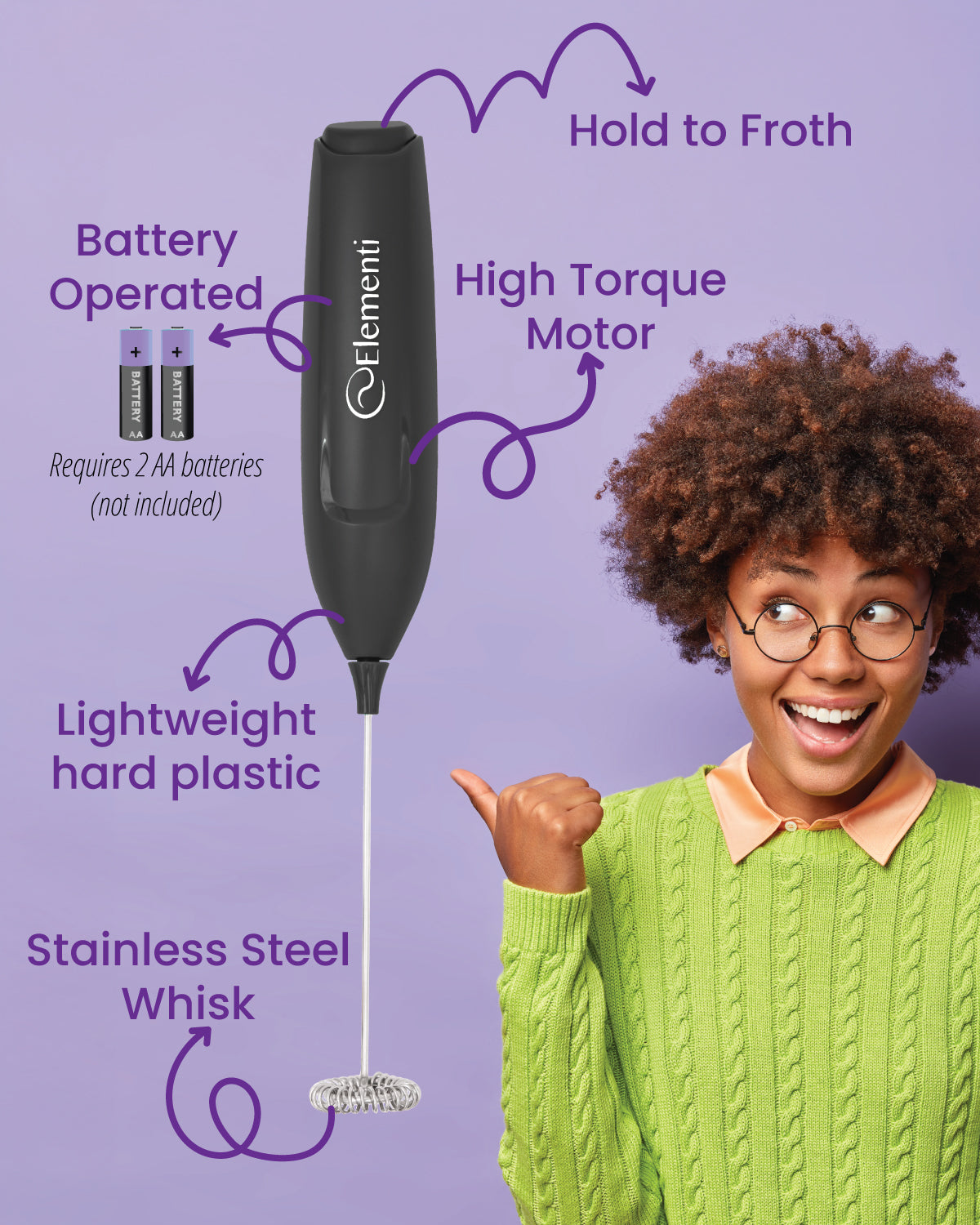 Elementi Powerful Frother Wand – Lightweight Milk Frother
