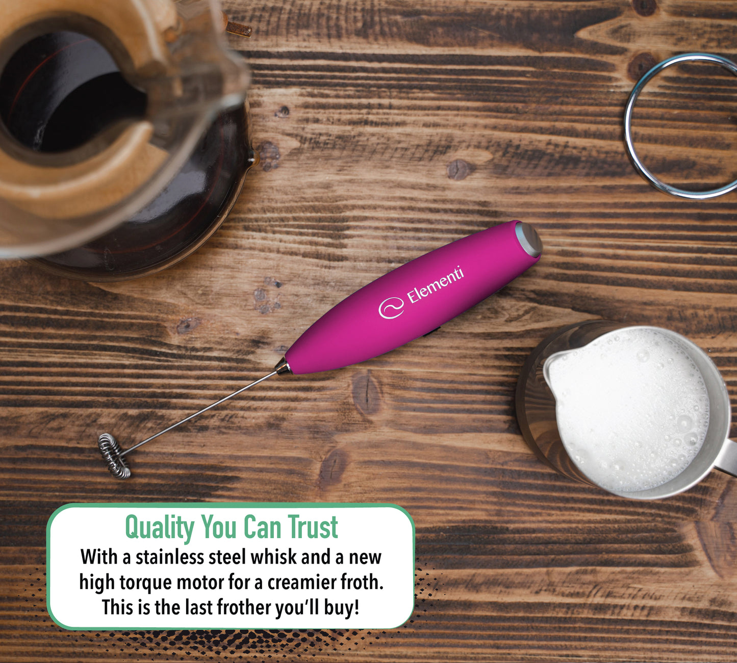 Elementi Electric Milk Frother Handheld (Hot Pink)