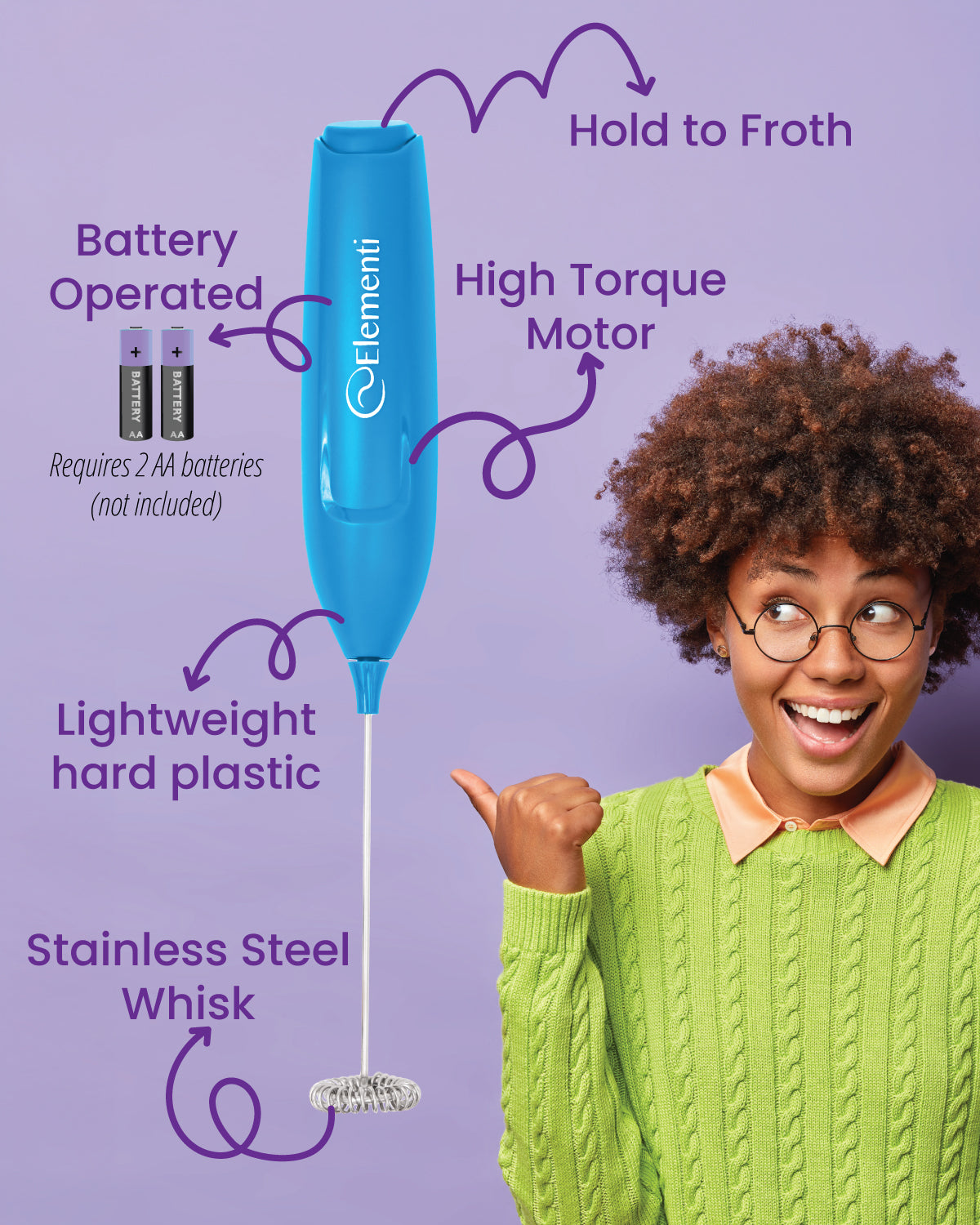 Elementi Powerful Frother Wand – Lightweight Milk Frother (Electric Blue)