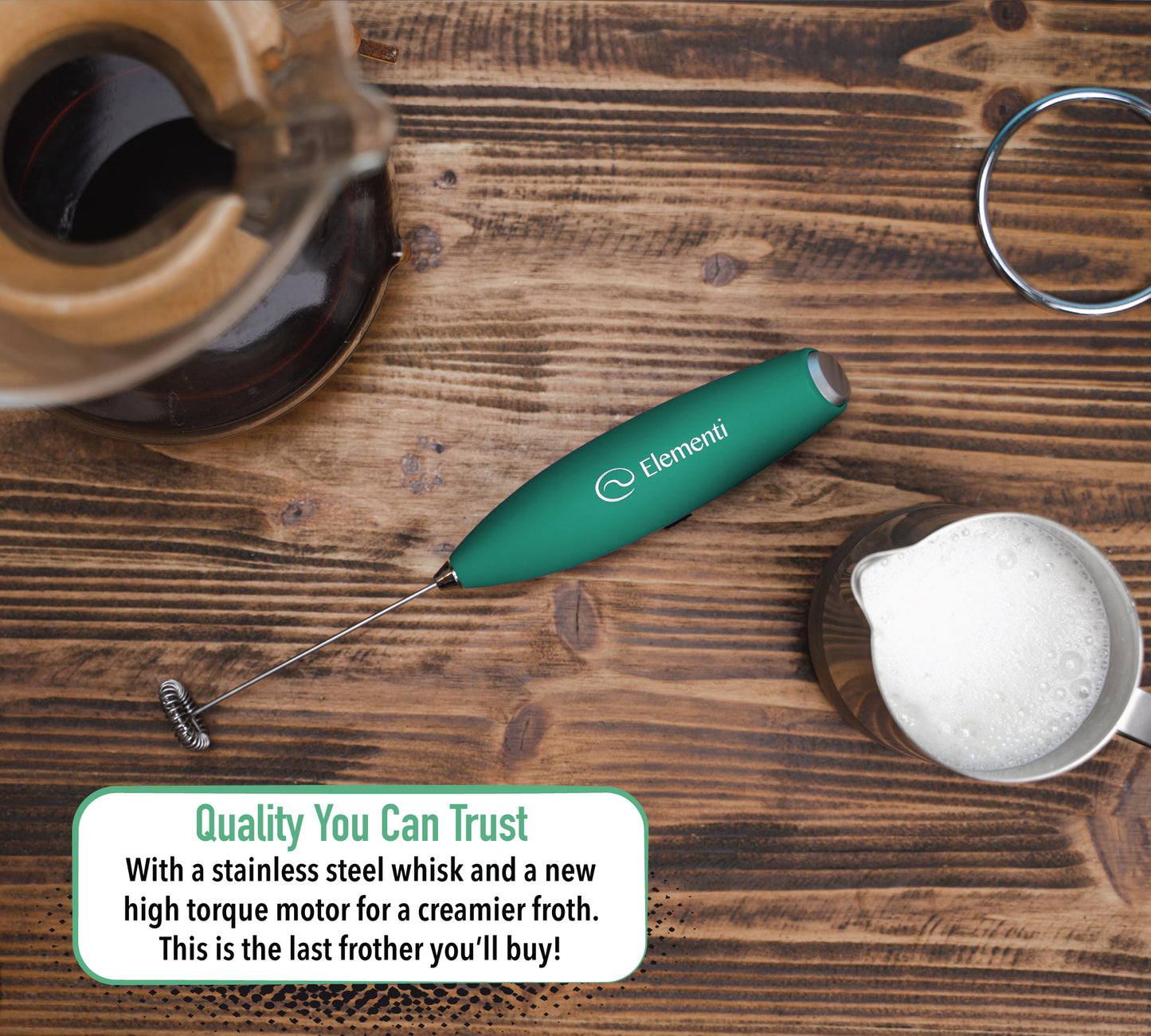 Elementi Milk Frother Wand, Batteries Included (Emerald Green)