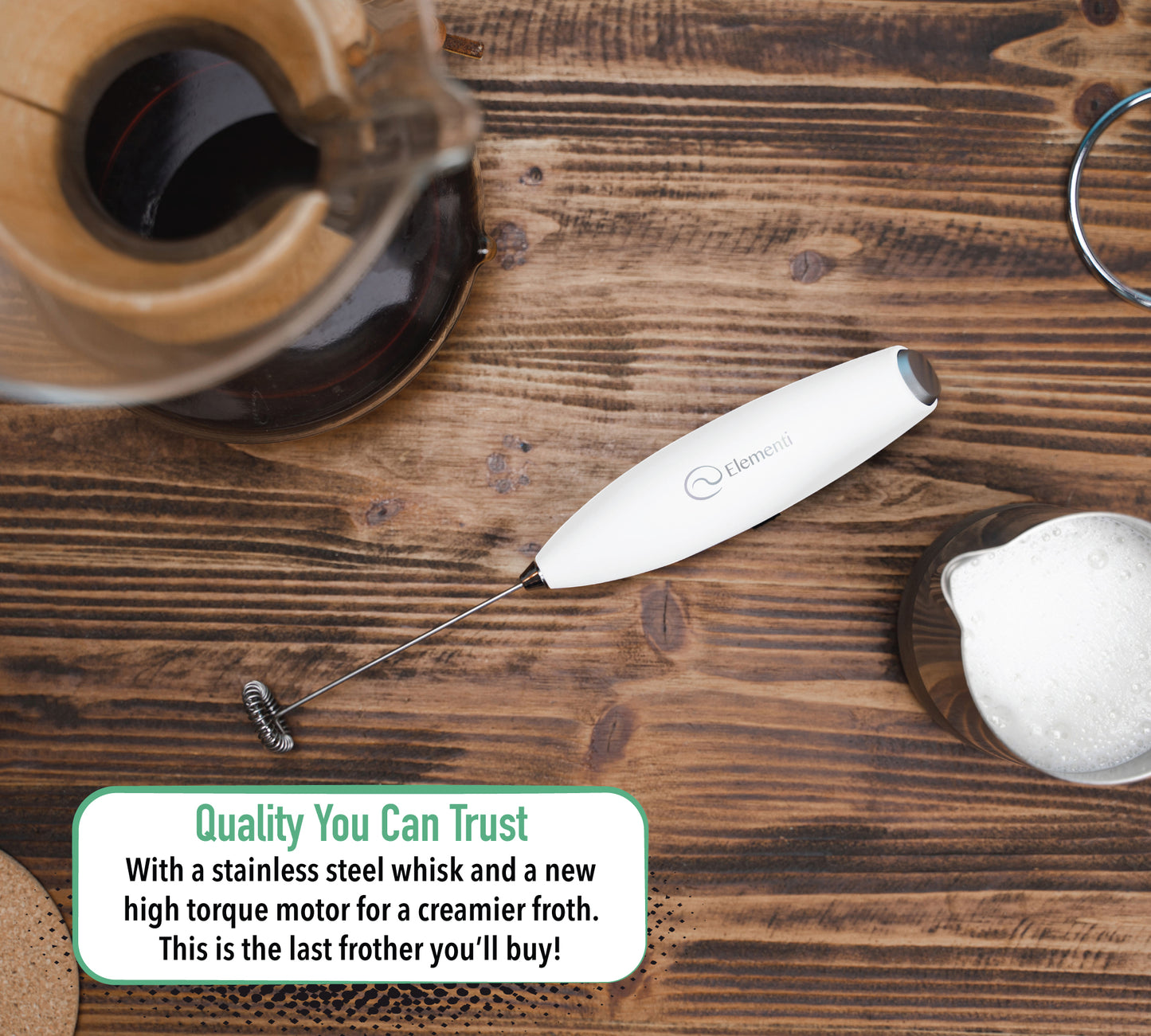 Elementi Milk Frother Wand, Batteries Included (White)