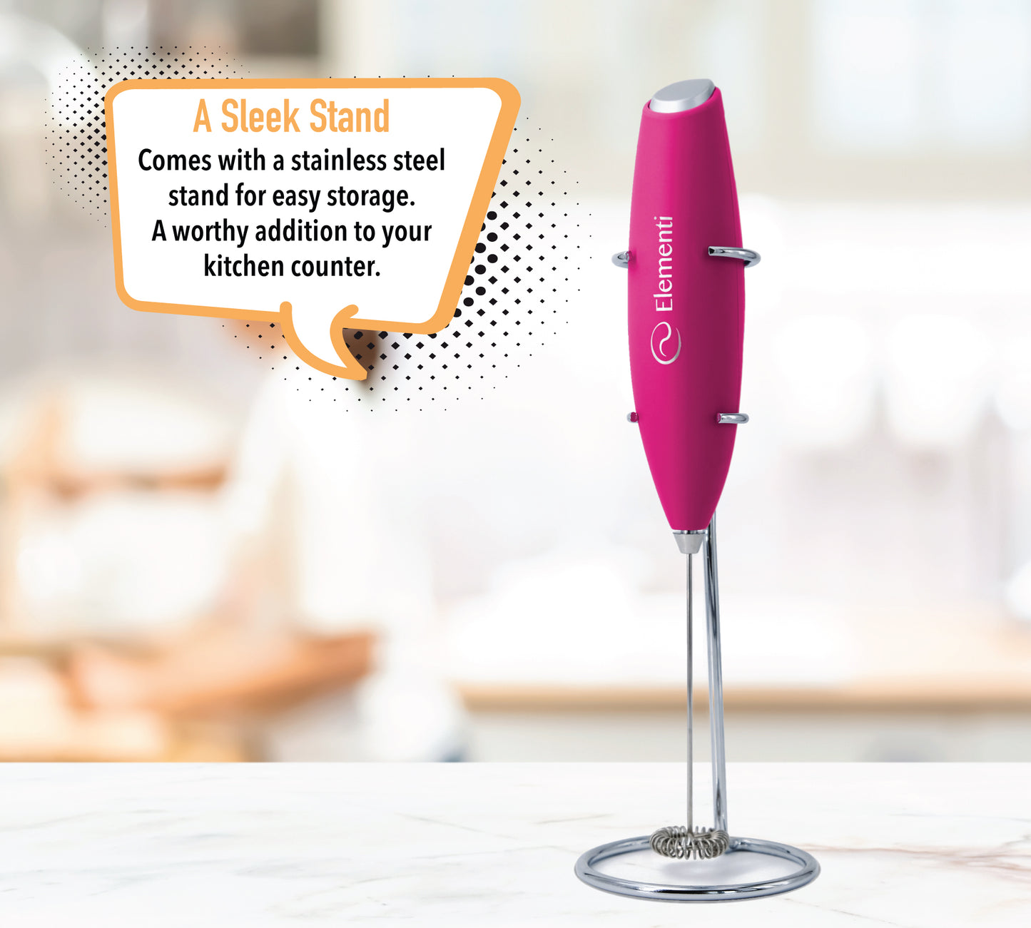 Elementi Electric Milk Frother Handheld (Hot Pink)