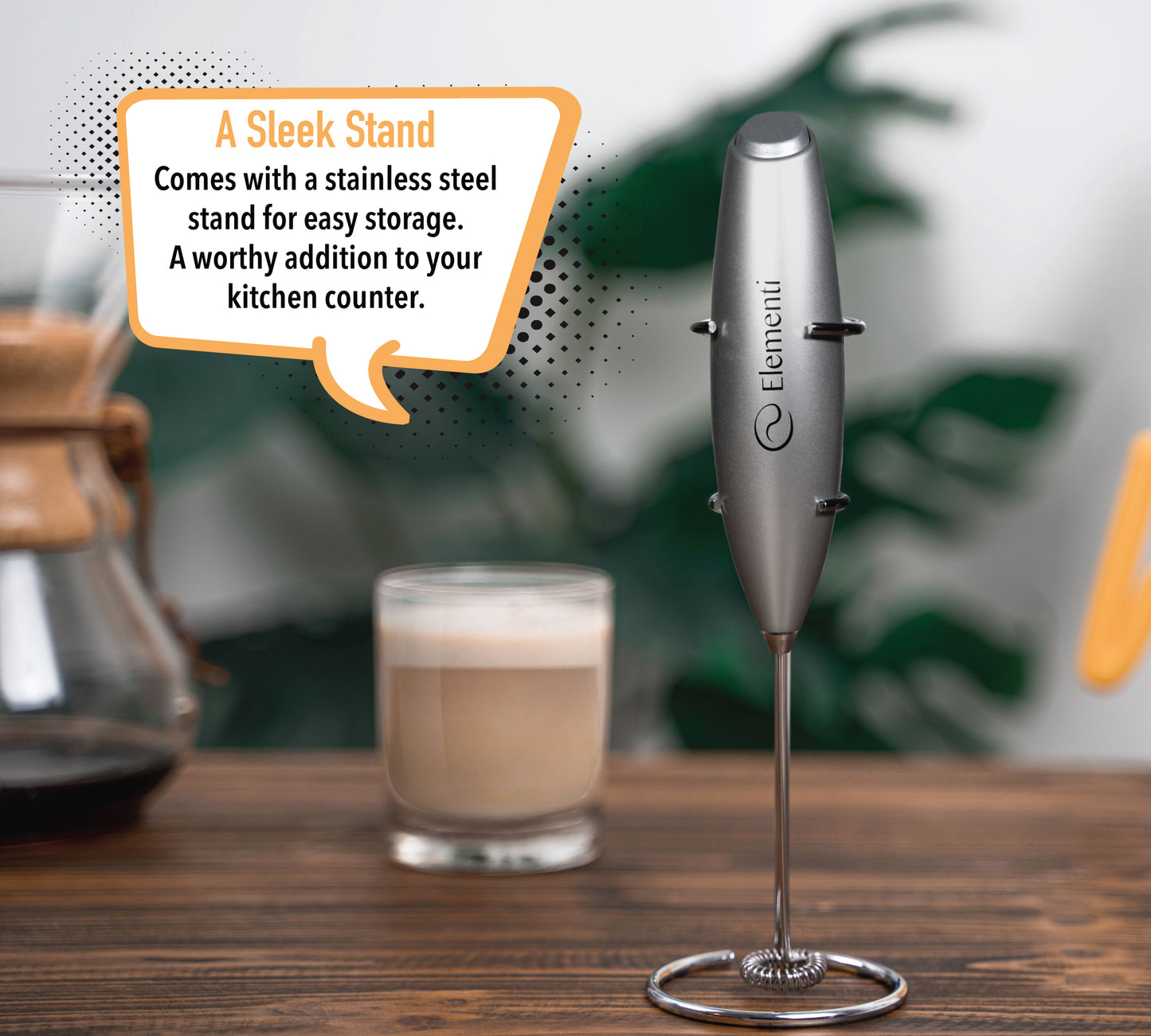 Elementi Electric Milk Frother Handheld (Silver)