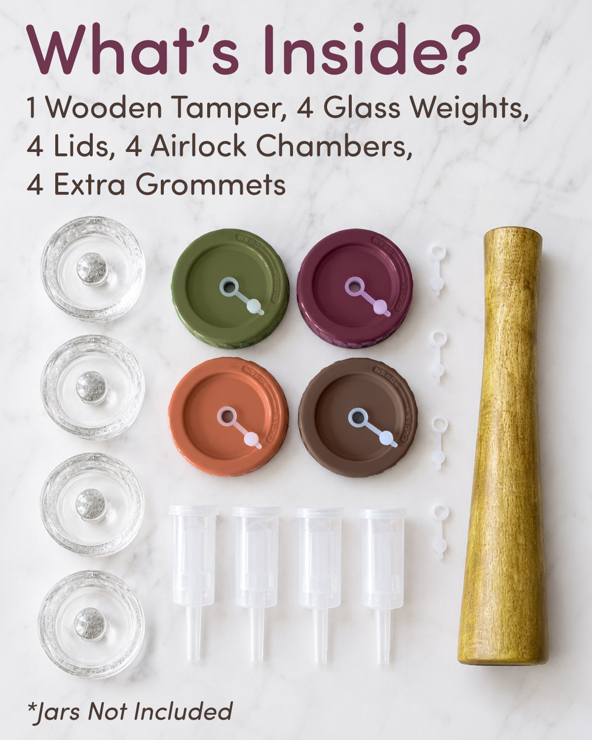 Elementi Mason Jar Fermentation Kit - Easy to Use Sauerkraut, Kimchi & Pickling Kit - Airlocks for Fermenting Jar - 4 Wide Mouth Fermentation Lids, 4 Glass Fermenting Weights & Wooden Tamper