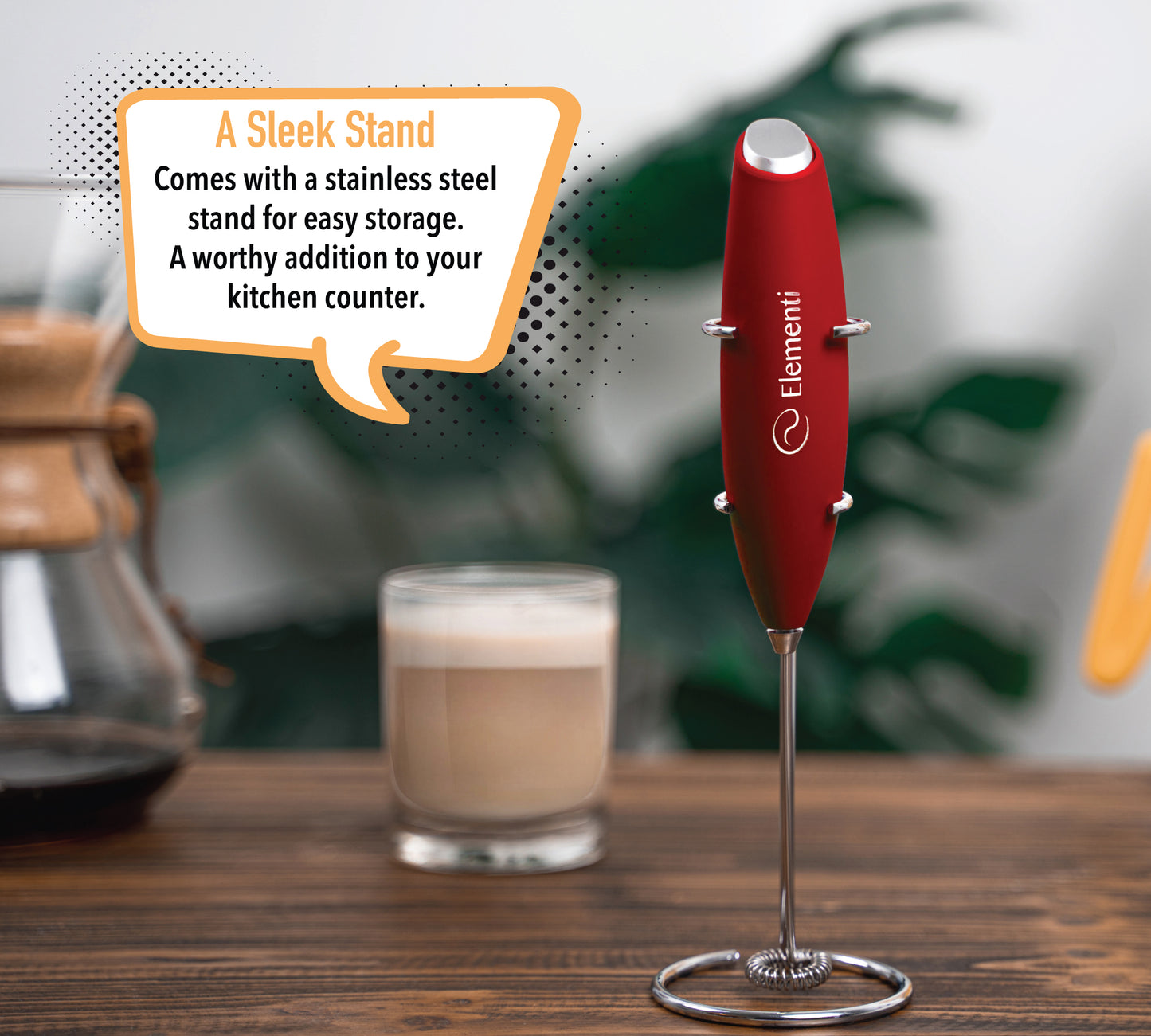 Elementi Electric Milk Frother Handheld (Red)