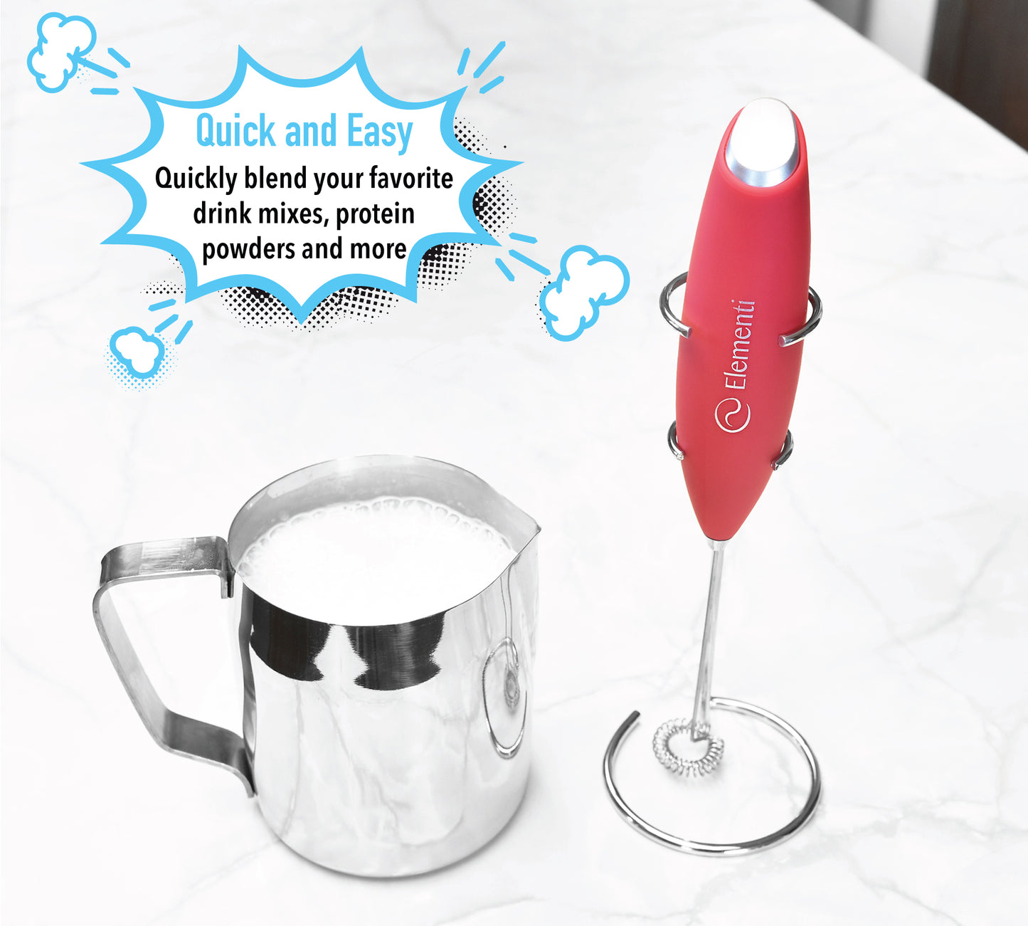 Elementi Electric Milk Frother Handheld (Red)