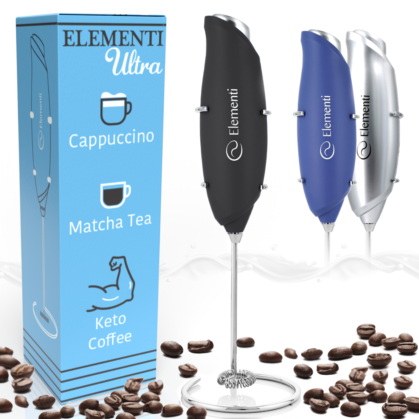 Elementi Electric Milk Frother Handheld (Ultra Black)