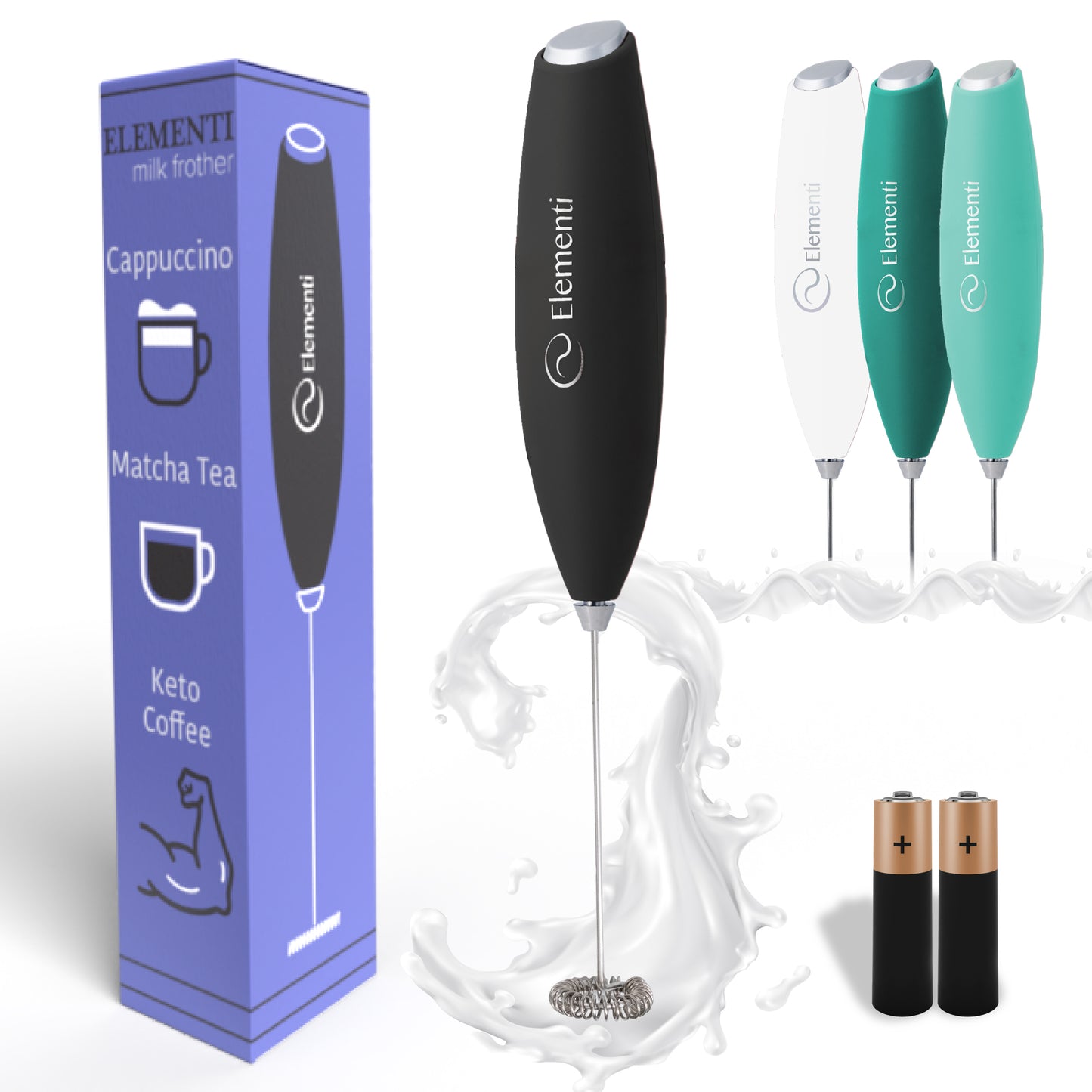 Elementi Milk Frother Wand, Batteries Included (Black)