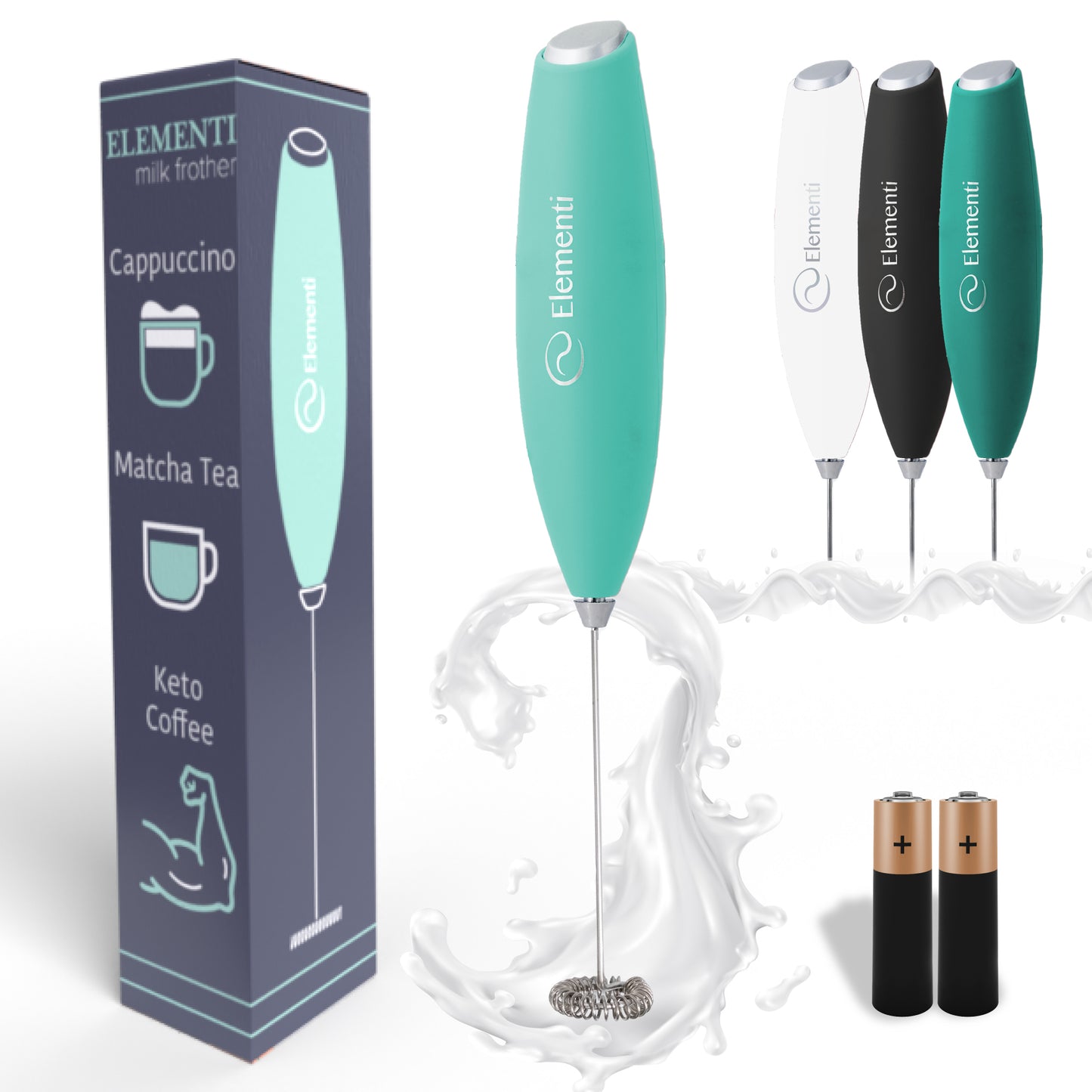 Elementi Milk Frother Wand, Batteries Included (Mint Green)
