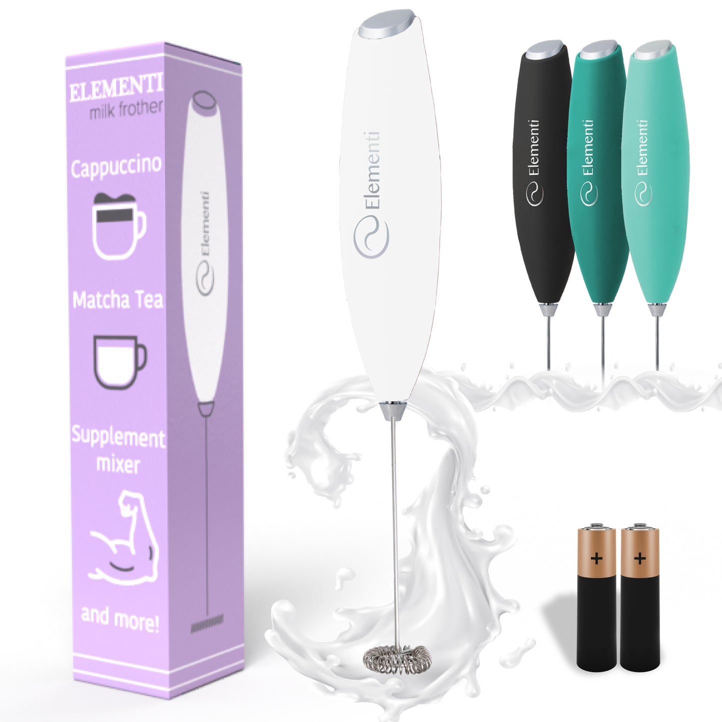 Elementi Milk Frother Wand, Batteries Included (White)