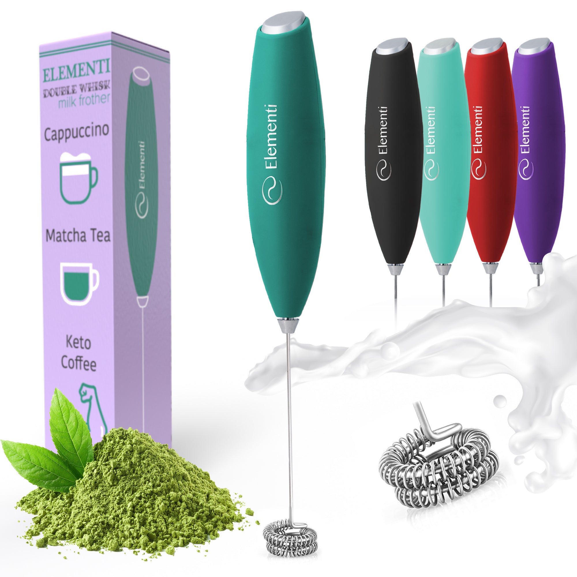 Elementi Handheld Milk Frother Double Whisk (Emerald Green)