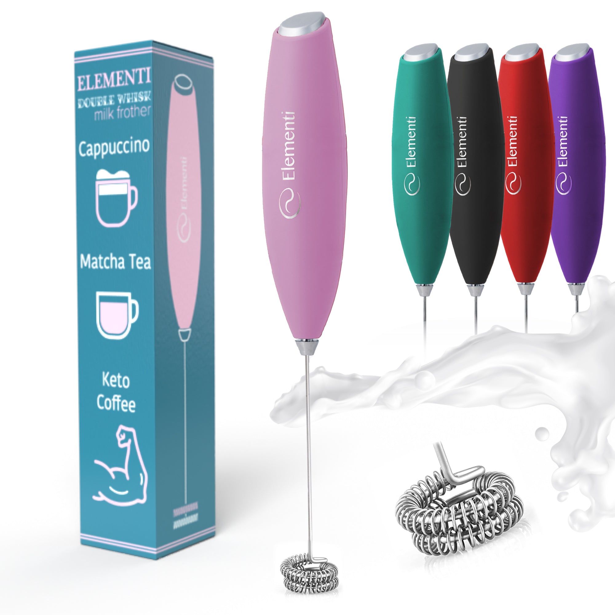 Elementi Handheld Milk Frother Double Whisk (Pastel Pink)