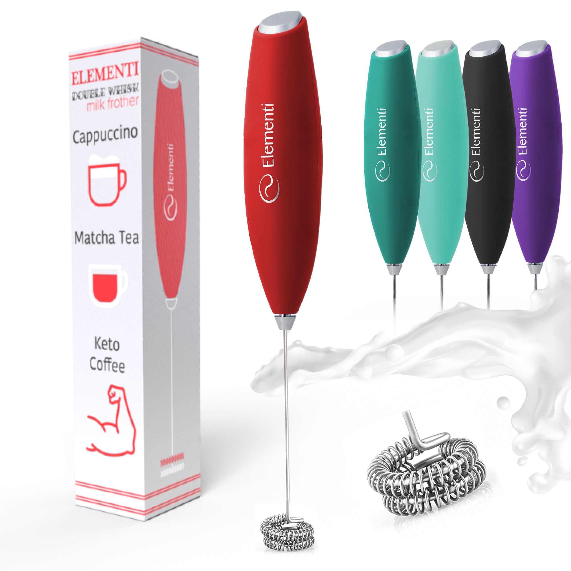 Elementi Handheld Milk Frother Double Whisk (Red)