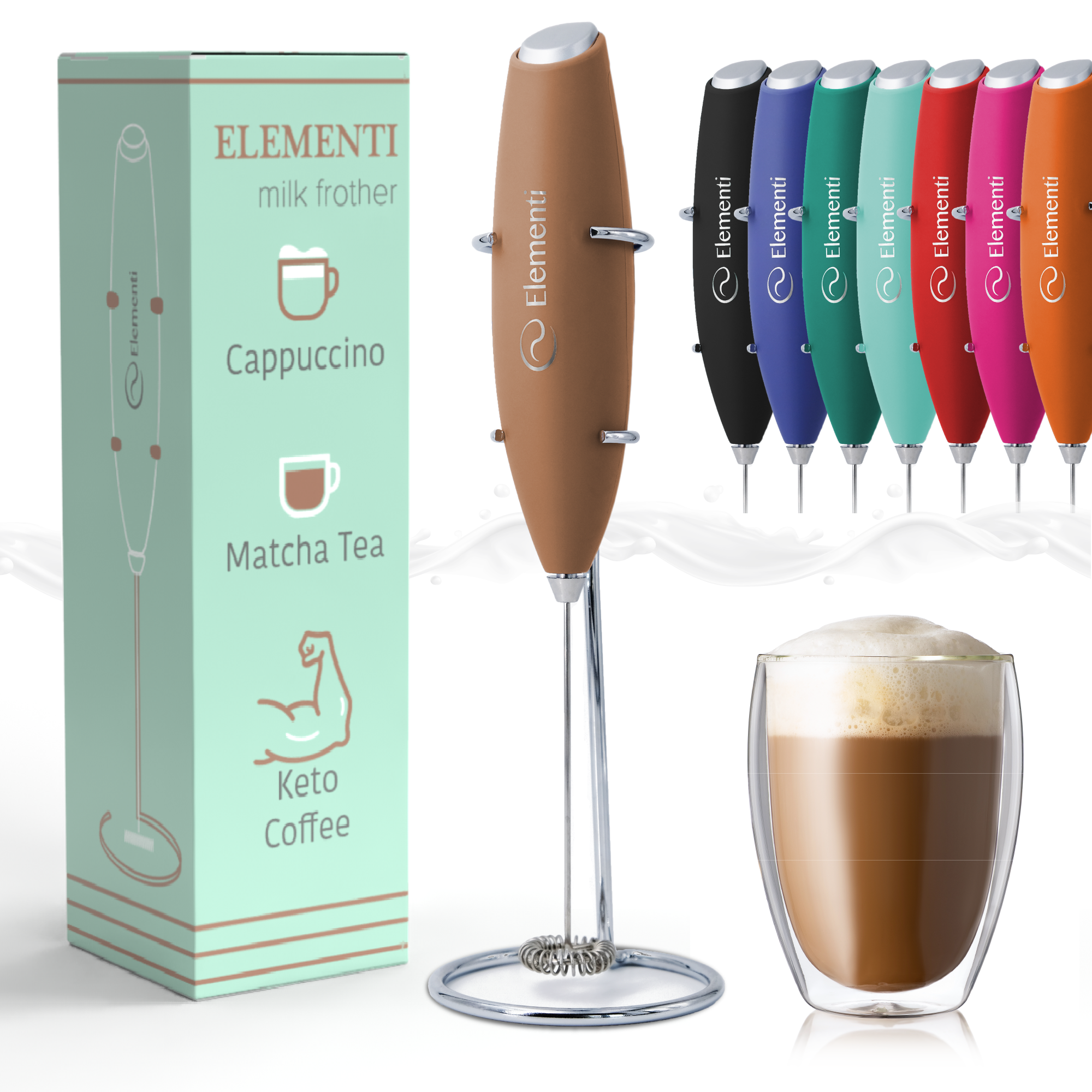 Elementi Handheld Milk Frother with Stand