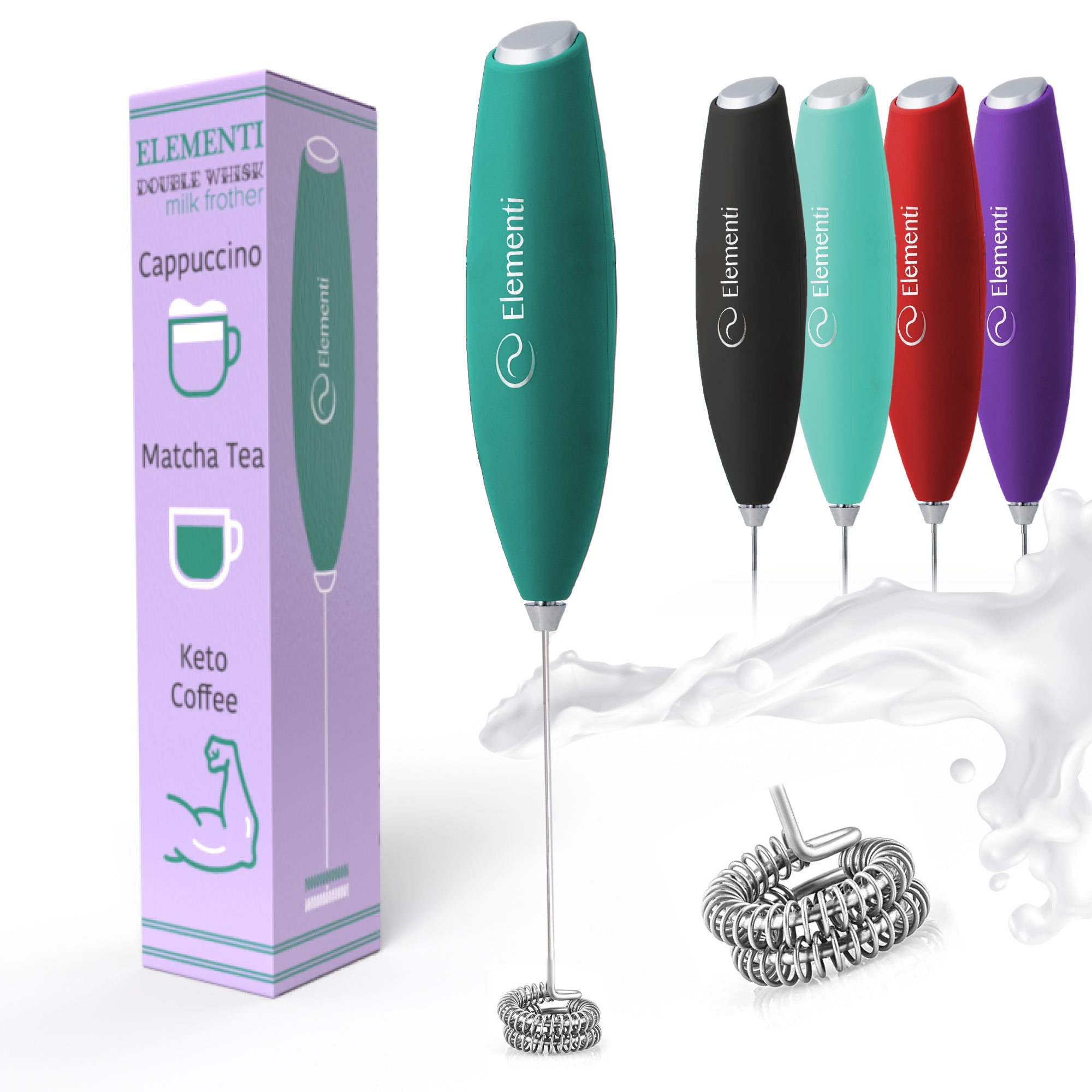 Elementi Milk Frother Handheld Double Whisk (Emerald Green)