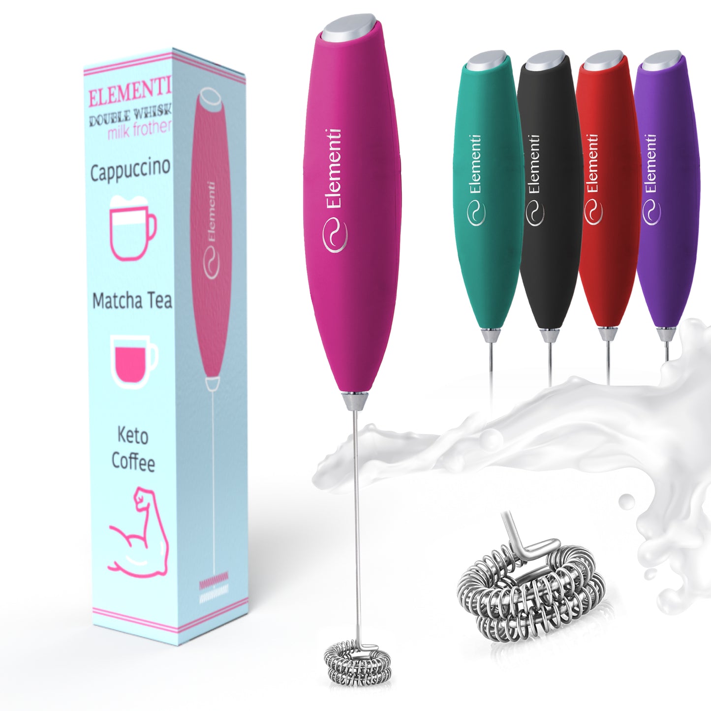 Elementi Milk Frother Handheld Double Whisk (Hot Pink)
