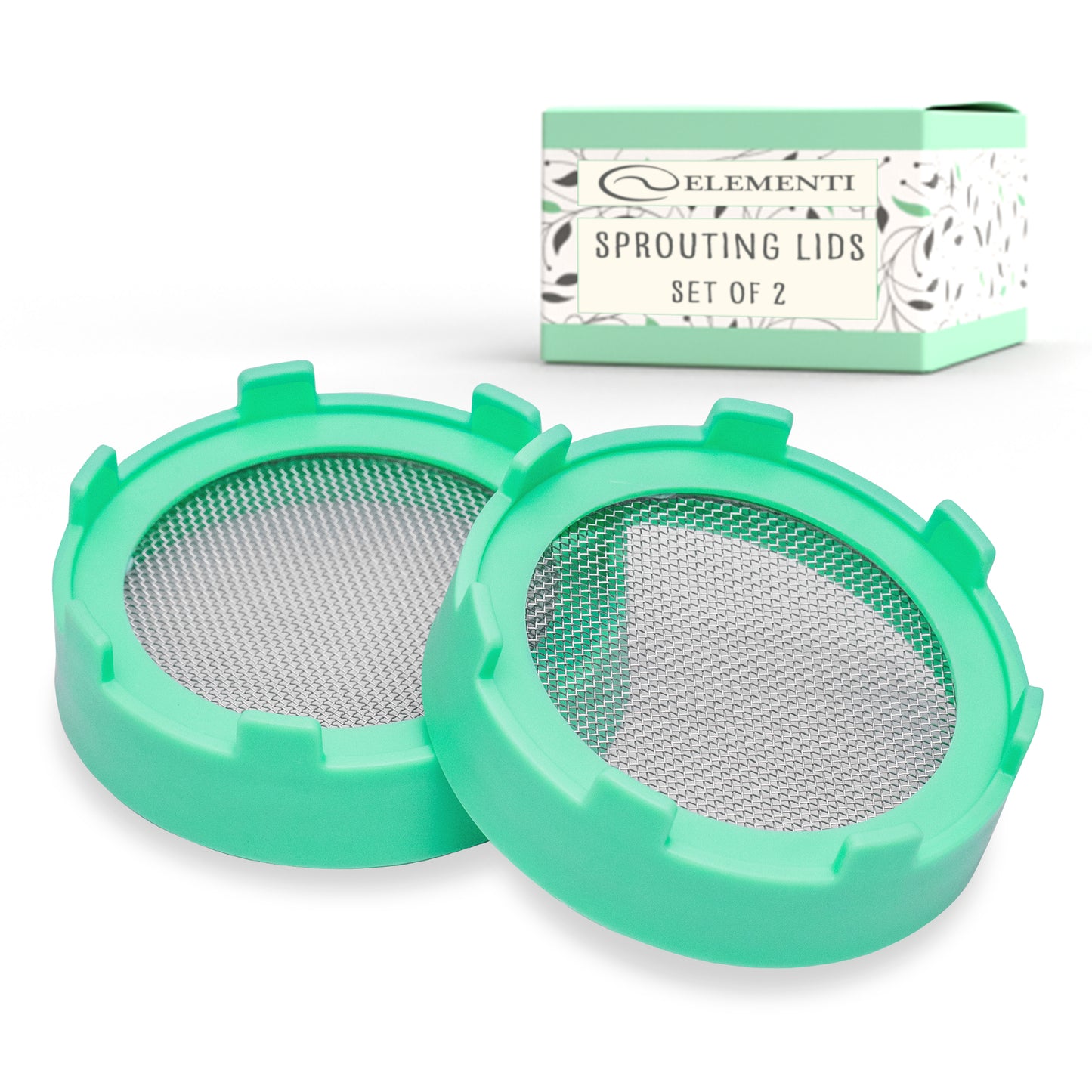 Elementi Sprouting Kit - Set of 2 Sprouting Lids for Wide Mouth Mason Jars (Mint Green)