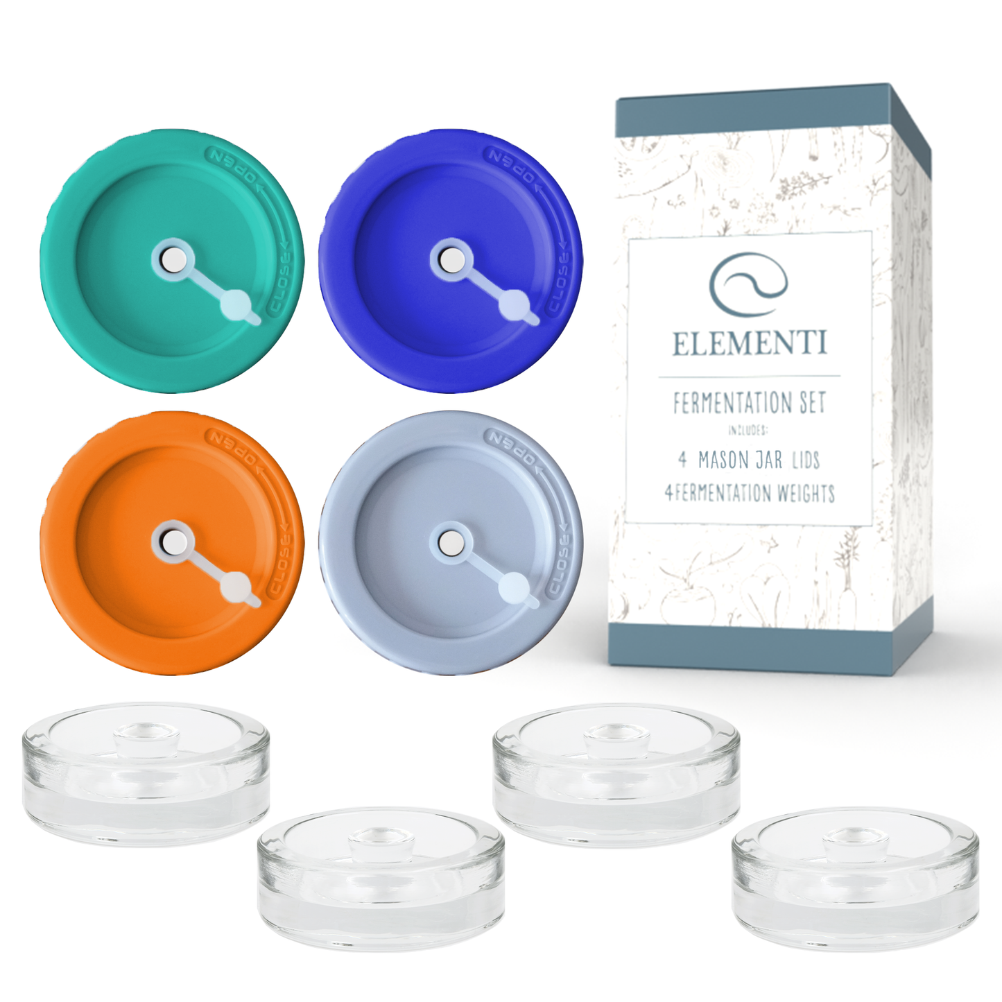 Elementi Fermentation Kit - Set of 4 Glass Fermentation Weights and Mason Jar Lids