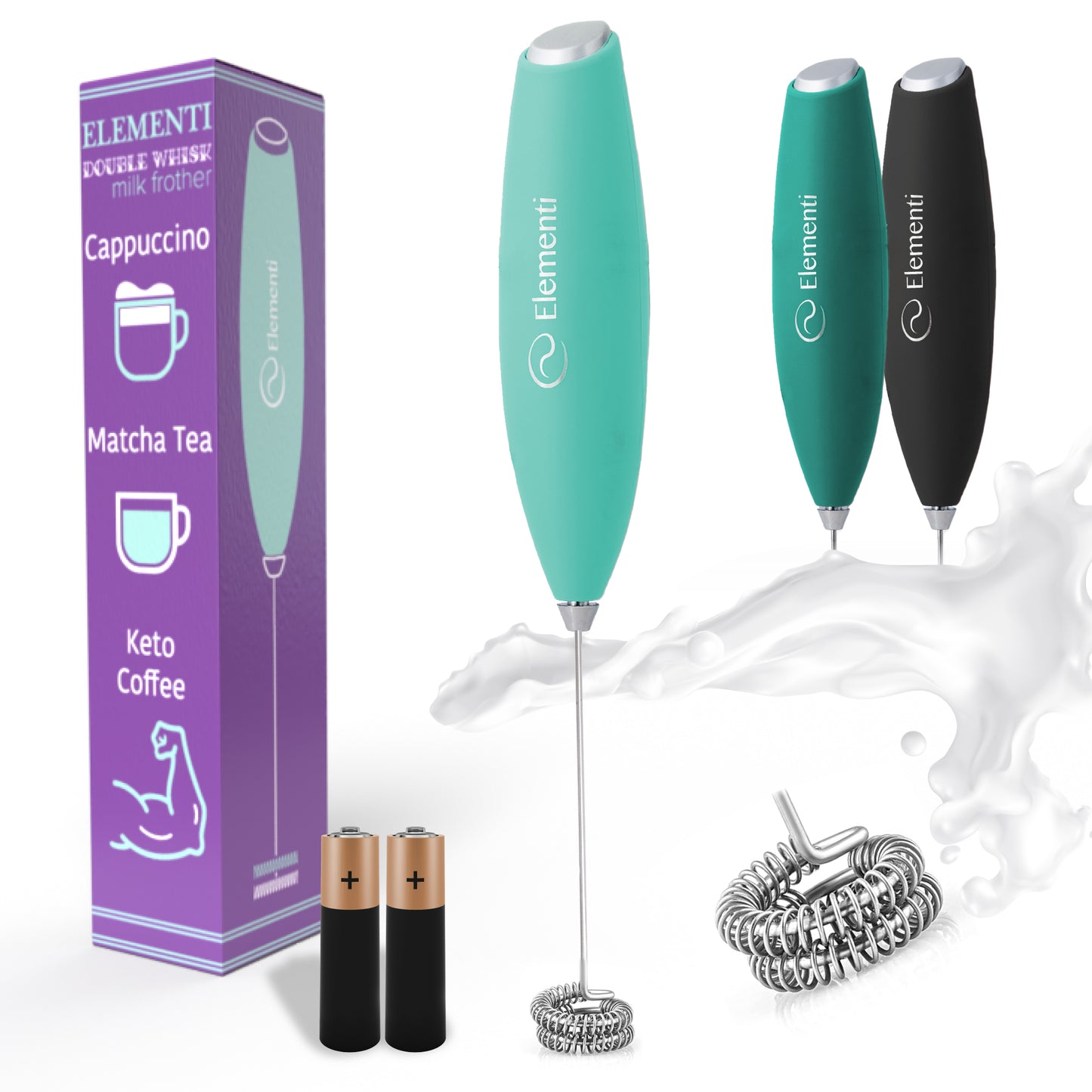Elementi Milk Frother Wand with Double Whisk (Batteries Included) Mint Green