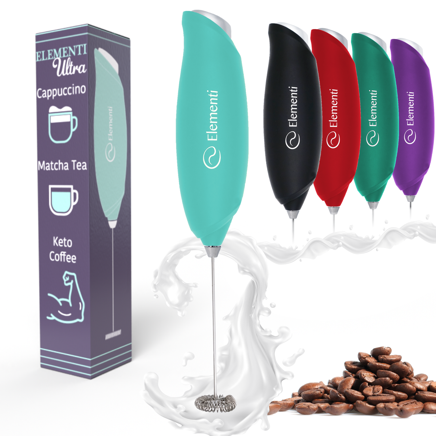 Elementi Hand Frother for Coffee, Matcha Whisk (Ultra Mint Green)