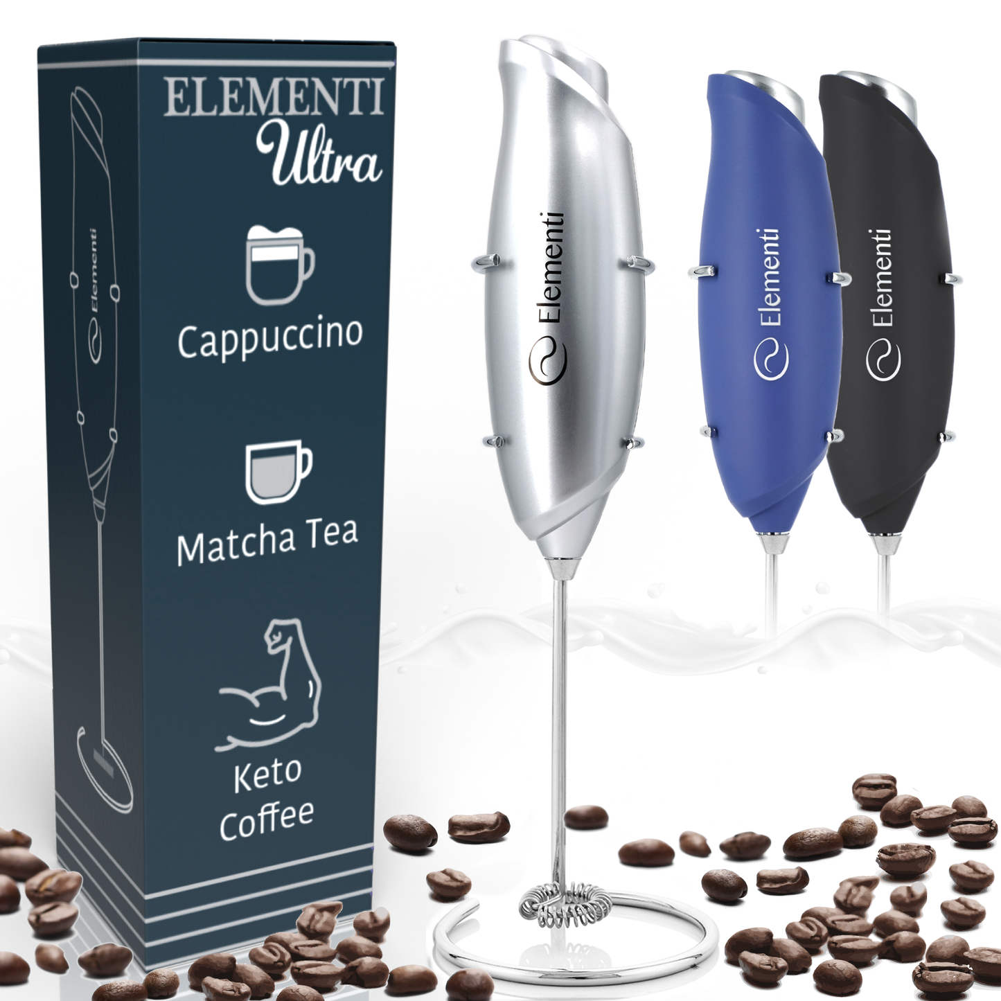 Elementi Electric Milk Frother Handheld (Ultra Silver)