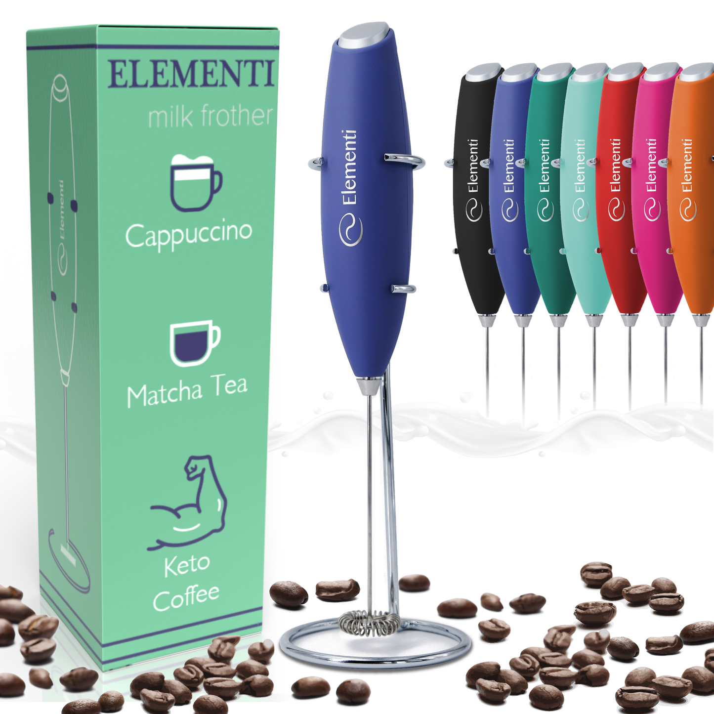 Elementi Electric Milk Frother Handheld (Blue)