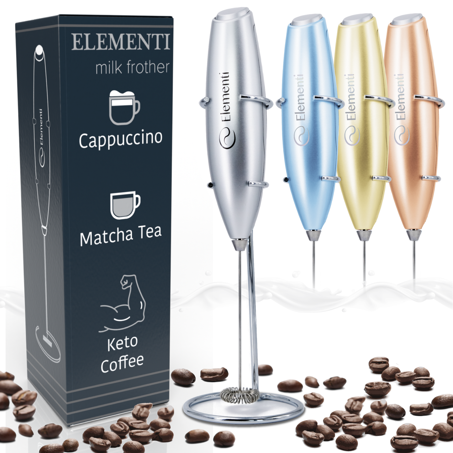 Elementi Electric Milk Frother Handheld (Silver)