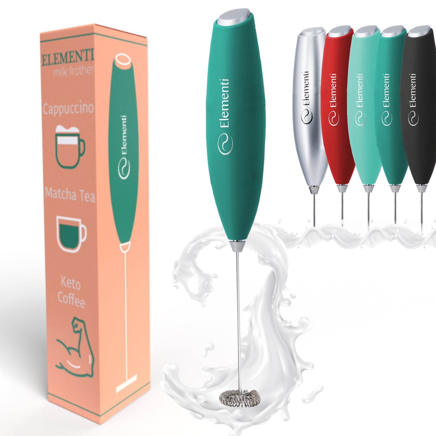 Elementi Milk Frother Handheld Matcha Whisk No Stand (Emerald Green)