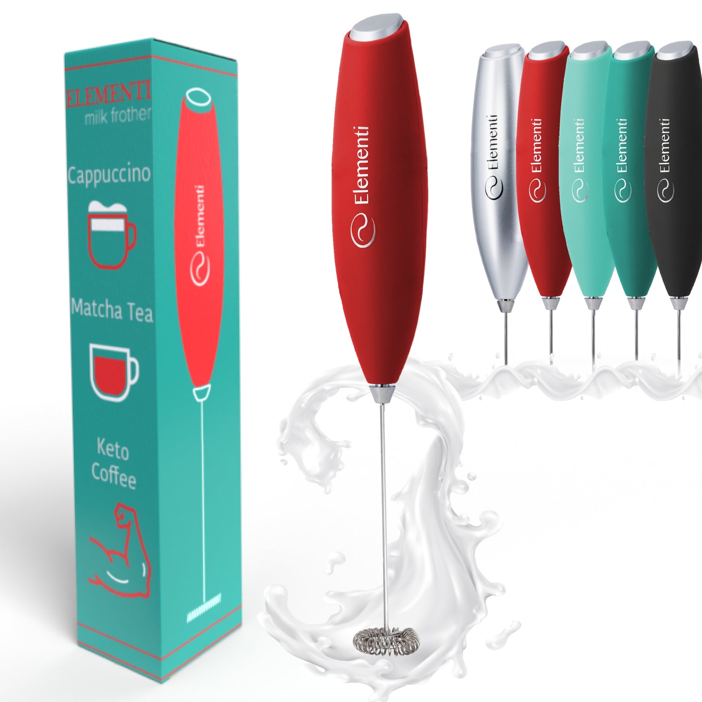 Elementi Milk Frother Handheld Matcha Whisk No Stand (Red)
