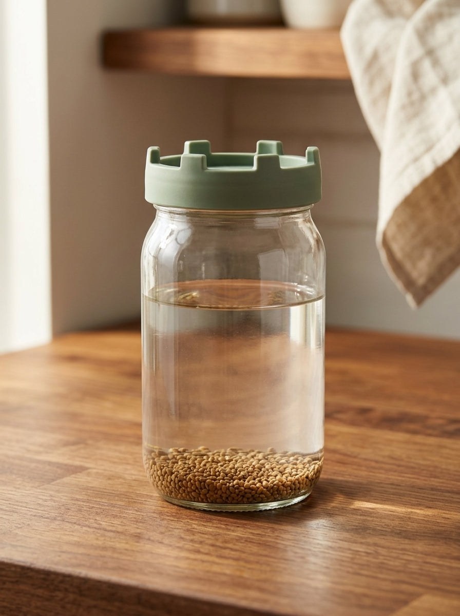 Sprouting jar with swollen seeds.