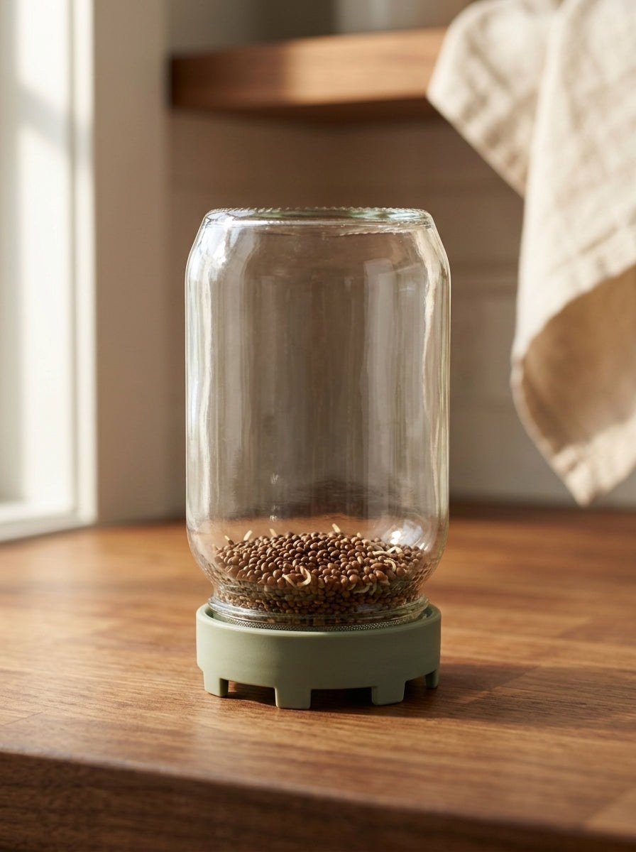 Sprouting jar with tiny white roots.