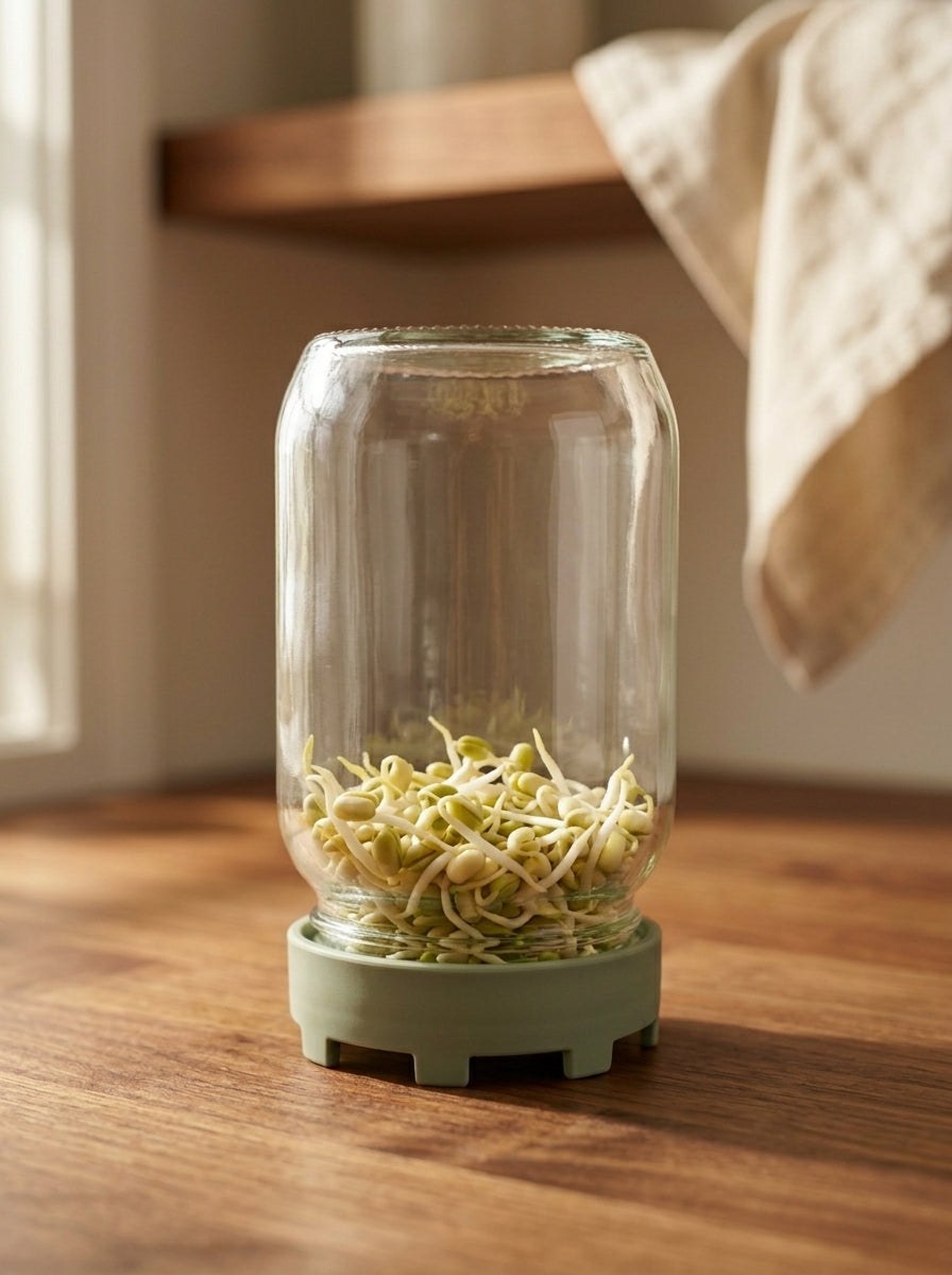 Sprouting jar with early stems.
