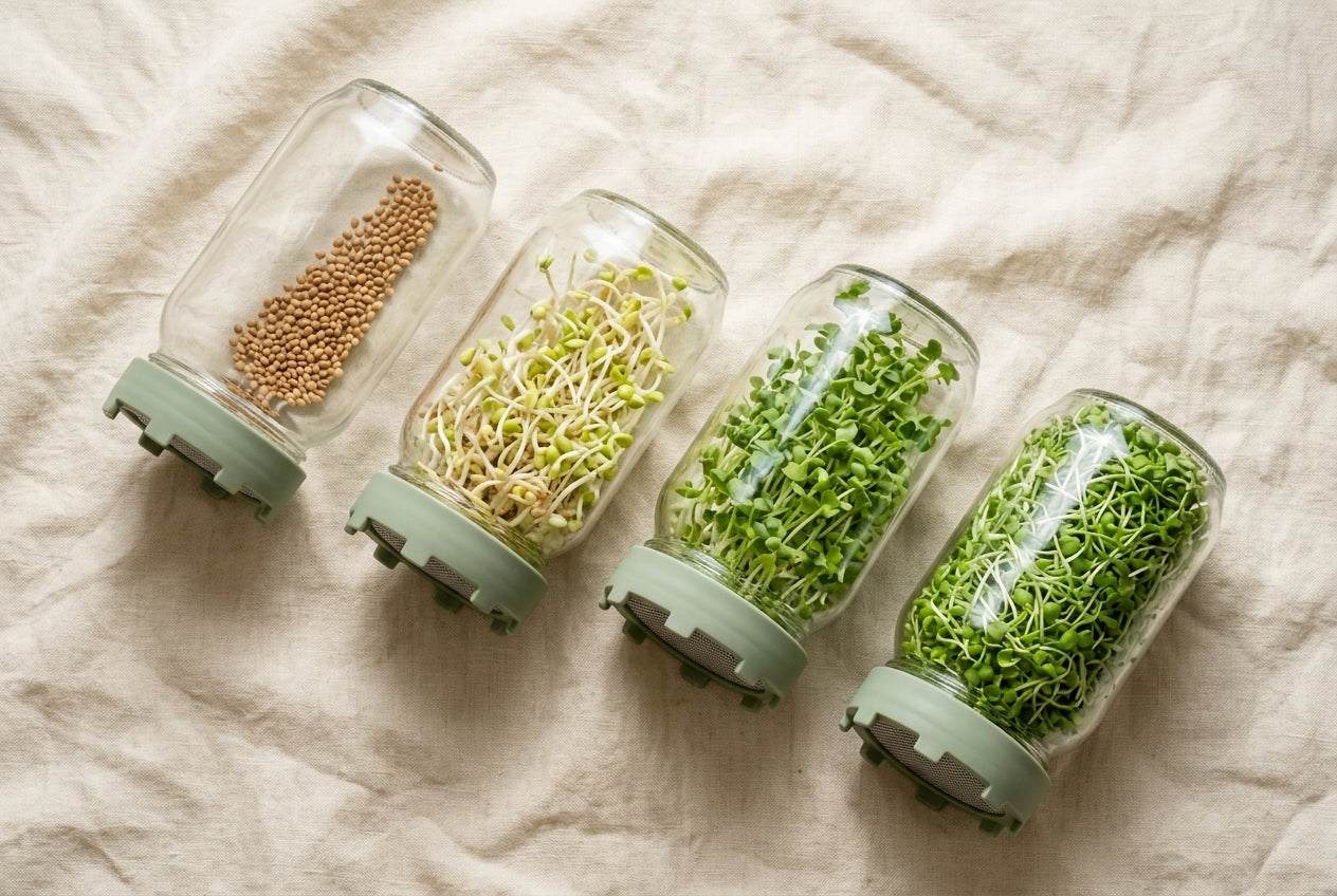 Four sprouting jars on linen, day one to day five, ending at a full jar