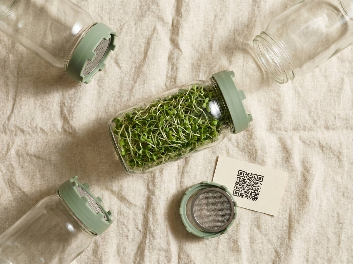 Elementi Sprouting Jar Kit 4-Pack: four jars, four sprouting lids, and a QR card laid out on linen