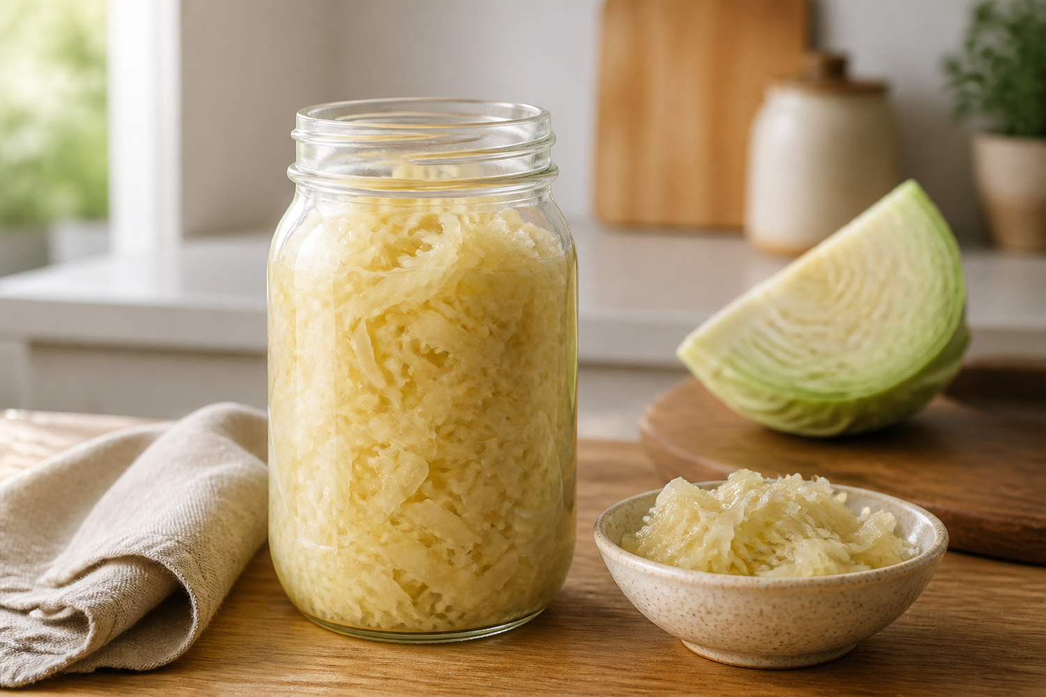 A clear jar filled with finished sauerkraut beside cabbage and a small serving bowl on a warm kitchen counter.