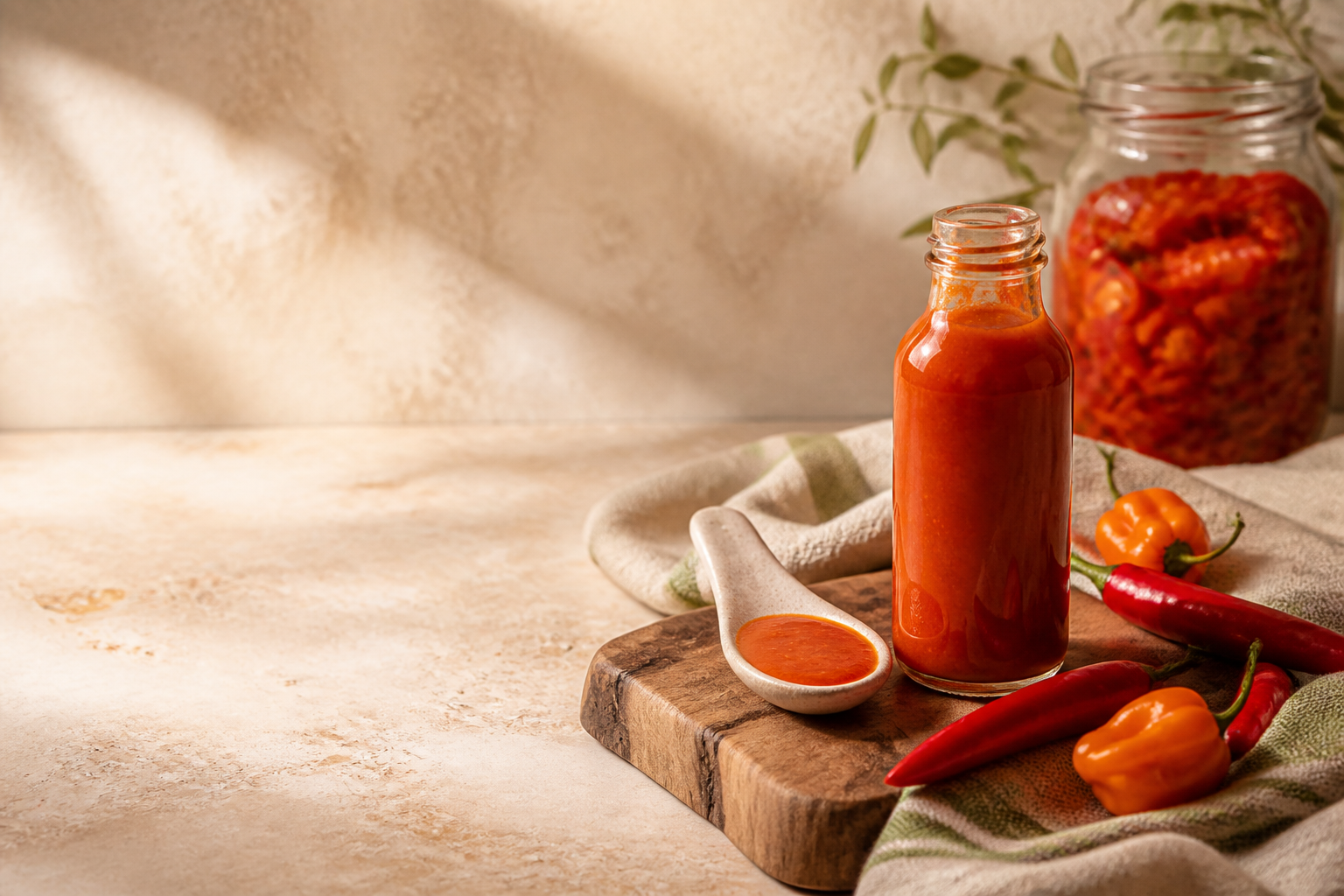 Red fermented hot sauce with fresh peppers on a warm kitchen counter.
