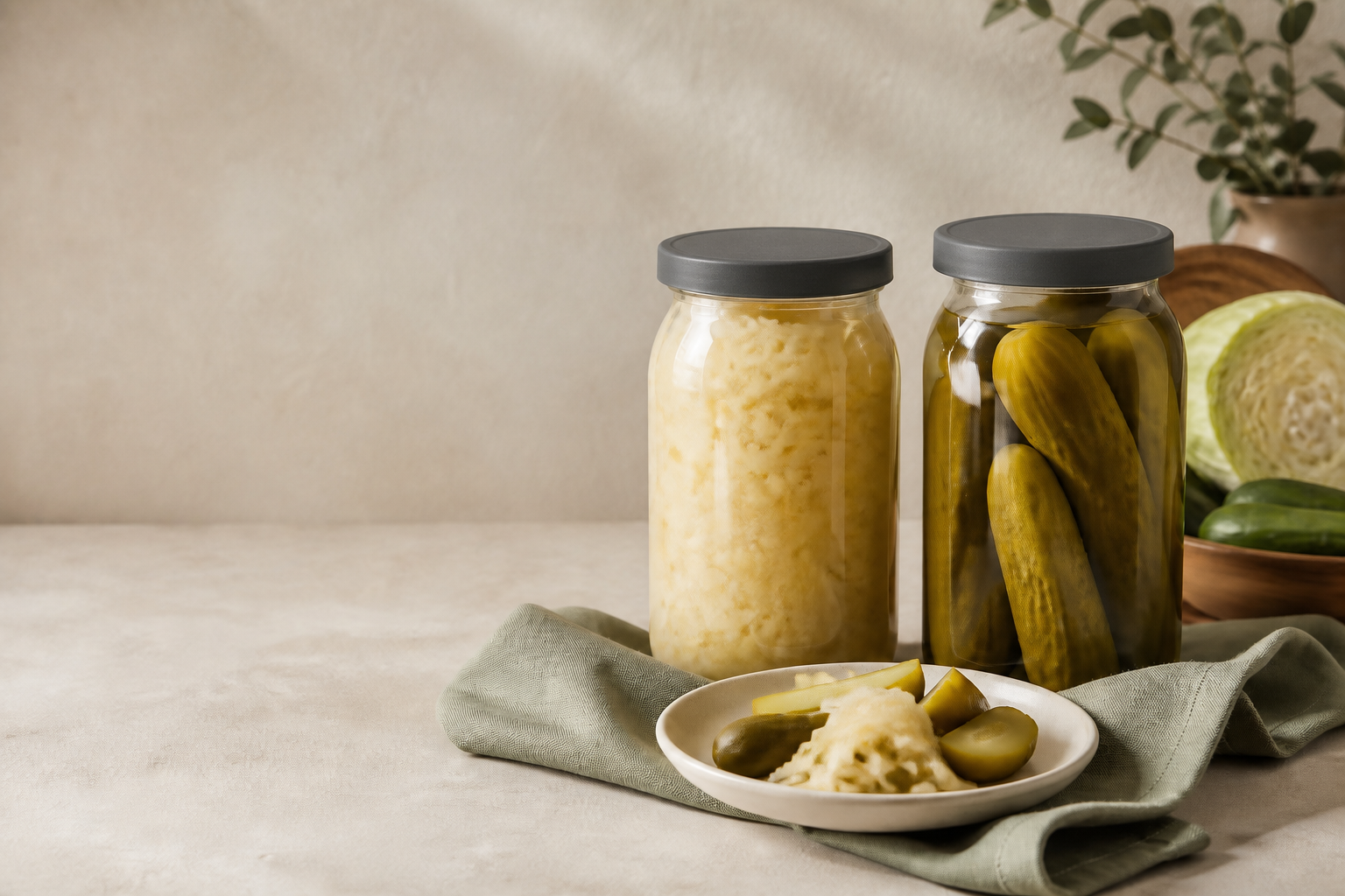 Jars of finished sauerkraut and fermented cucumbers in a warm kitchen setting.
