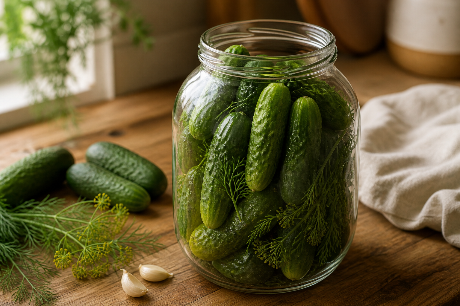 A large glass jar packed with pickling cucumbers and dill beside fresh cucumbers and garlic on a warm kitchen counter.